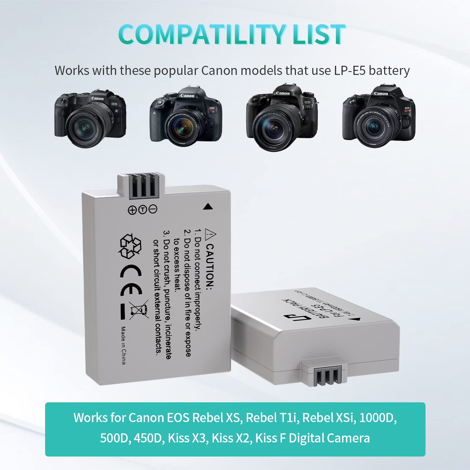 Lp E5 Battery Pack, 2 Pack 1600Mah Battery Compatible With Canon Eos Rebel Xs, Rebel T1I, Rebel Xsi, 1000D, 500D, 450D, Kiss X3,