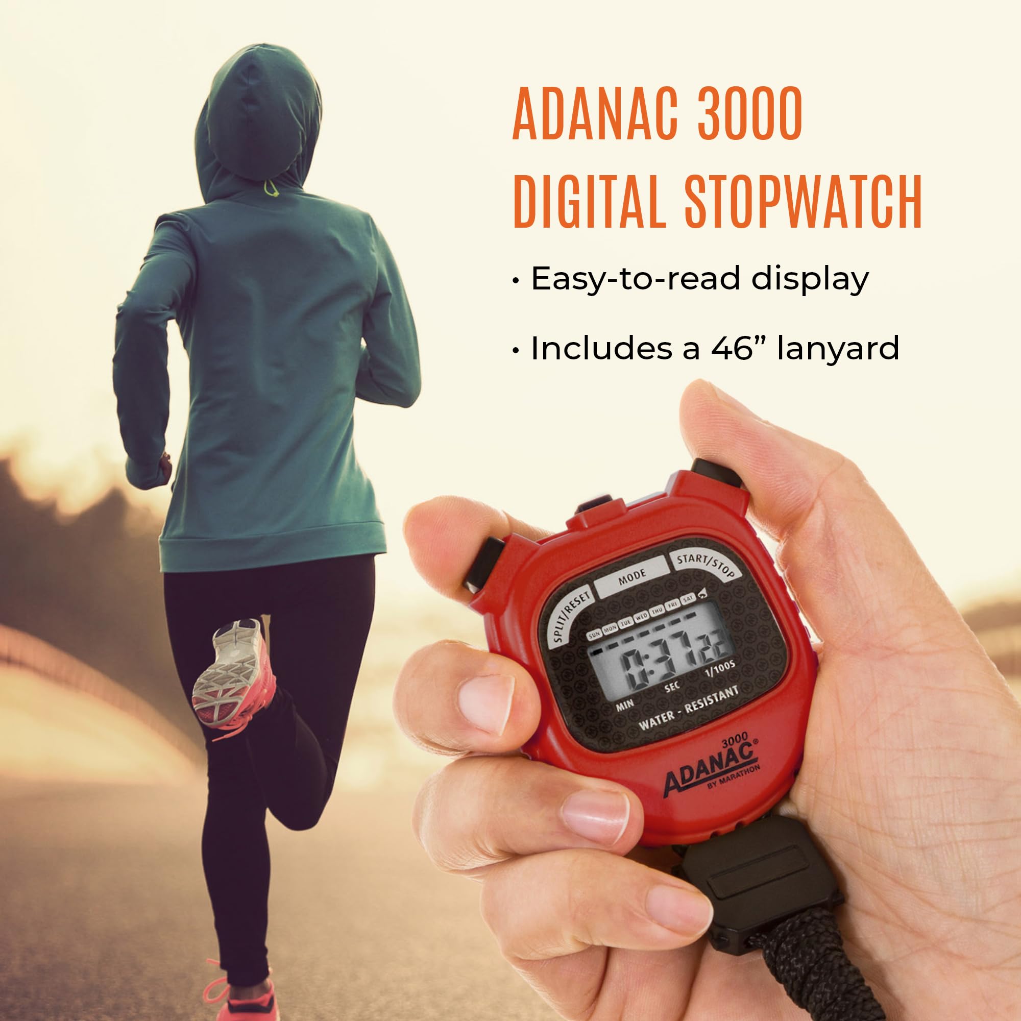 Marathon Adanac 3000 Digital Stopwatch Timer, Red   High Precision Accuracy To 1/100Th Seconds   Water, Dust & Shock Resistant