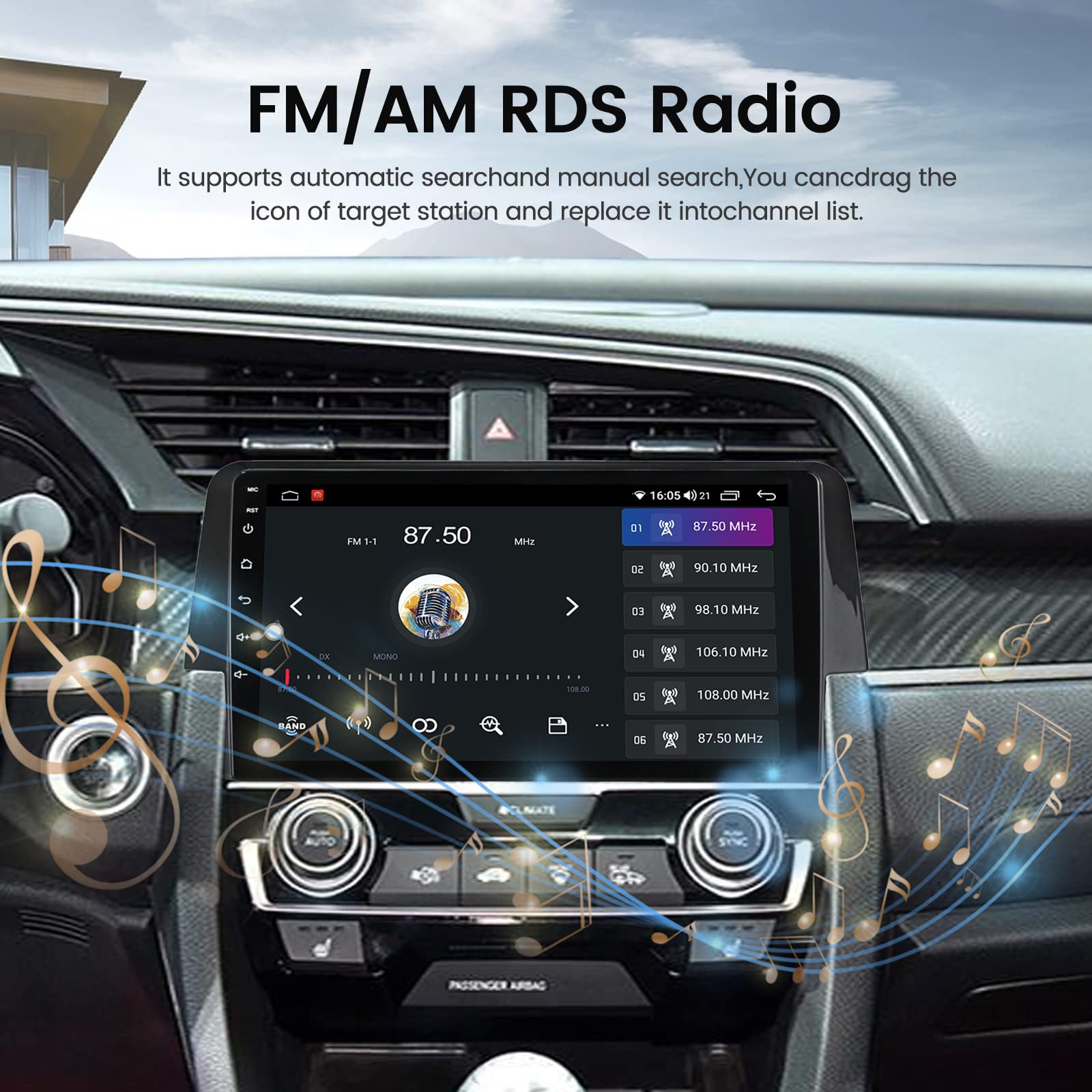 Biorunn Android 12 Car Stereo For Honda Civic 2016 2017 2018 2019 2020 2021, 9 Inch Car Radio Octa Core Wireless Wired Car-Play