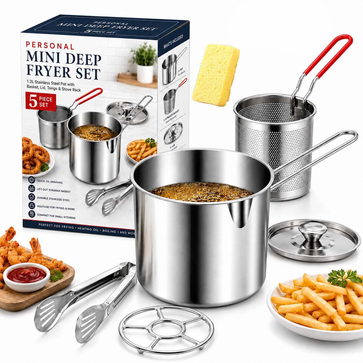 Personal Mini Deep Fryer Set 1.2L Stainless Steel Pot with Basket (5pcs)