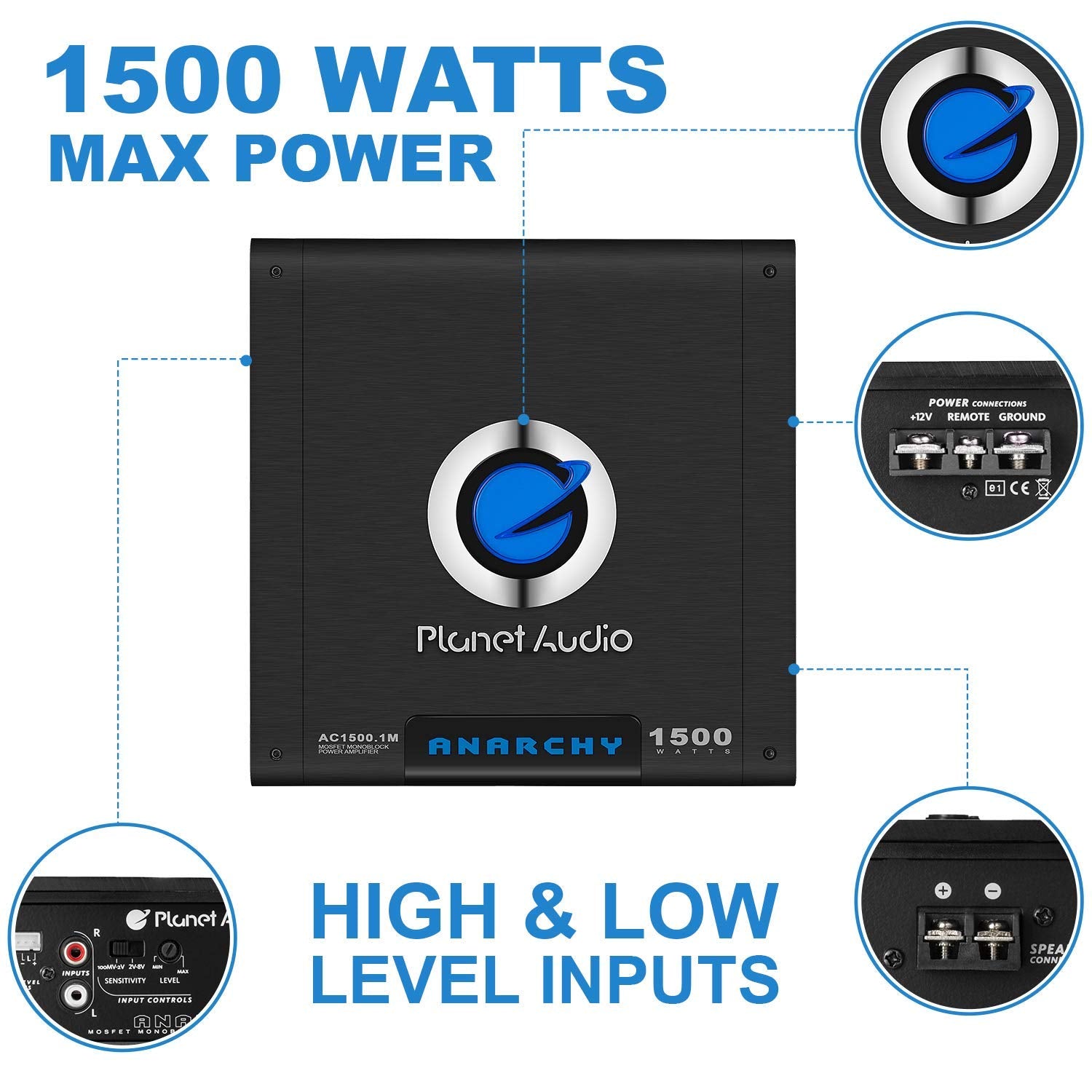 Planet Audio AC1500.1M Monoblock Amplifier - 1500W Power, Class A/B, Black, Mosfet Power Supply, Remote Sub Control