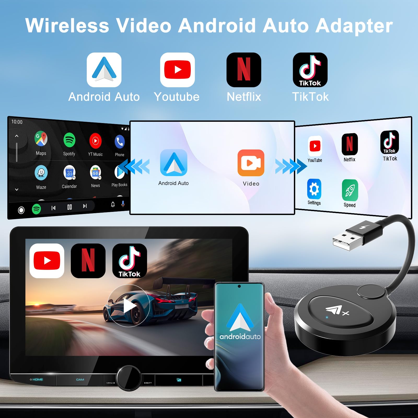 Android Auto Wireless Adapter Support Netflix Youtube Tiktok, Latest Wireless Android Auto Car Adapter For Factory Wired Android