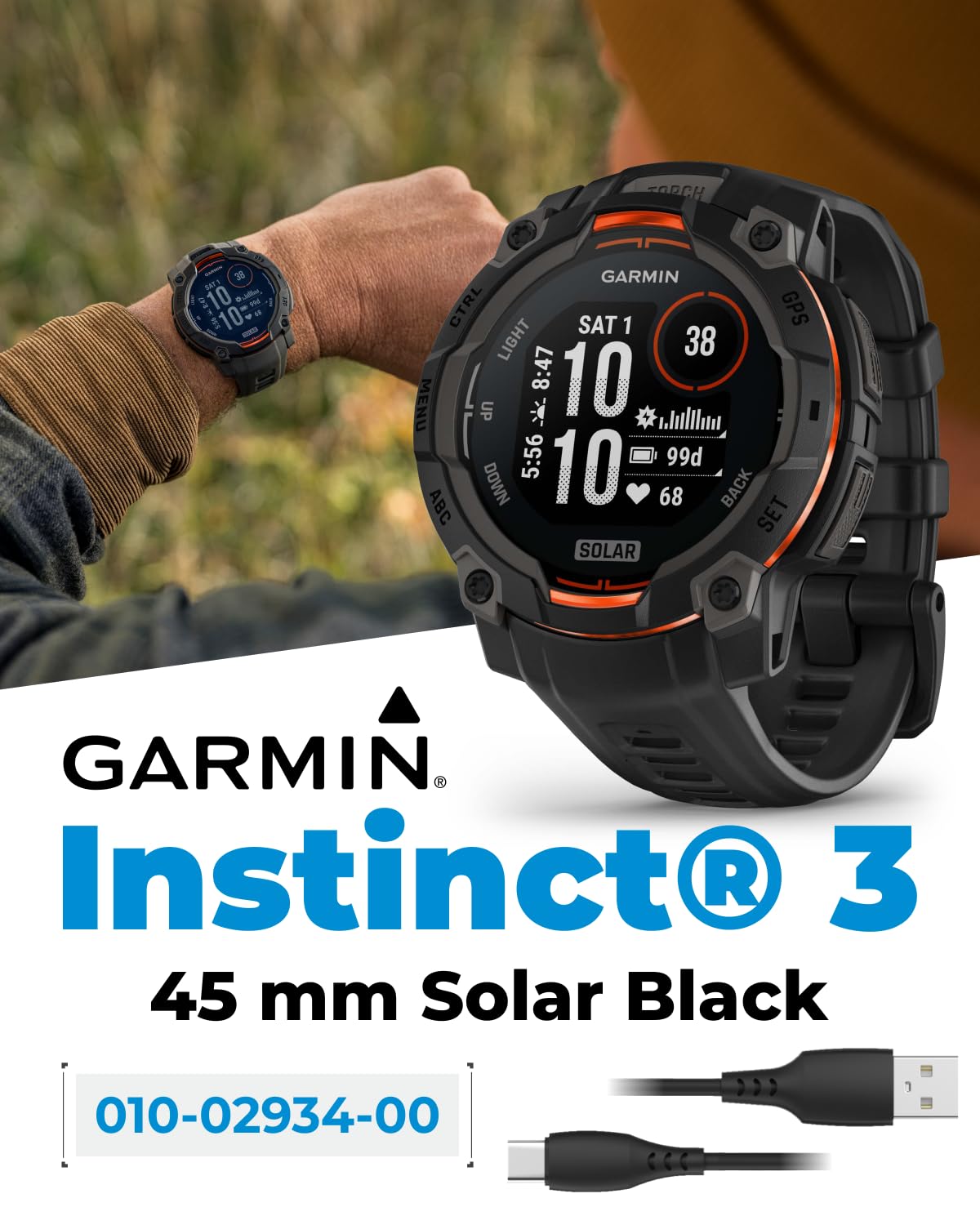 Wearable4U Garmin Instinct 3 Solar 45 Mm, Rugged Outdoor Gps Smartwatch, Metal Reinforced Bezel, Built In Flashlight, Up To 28 D