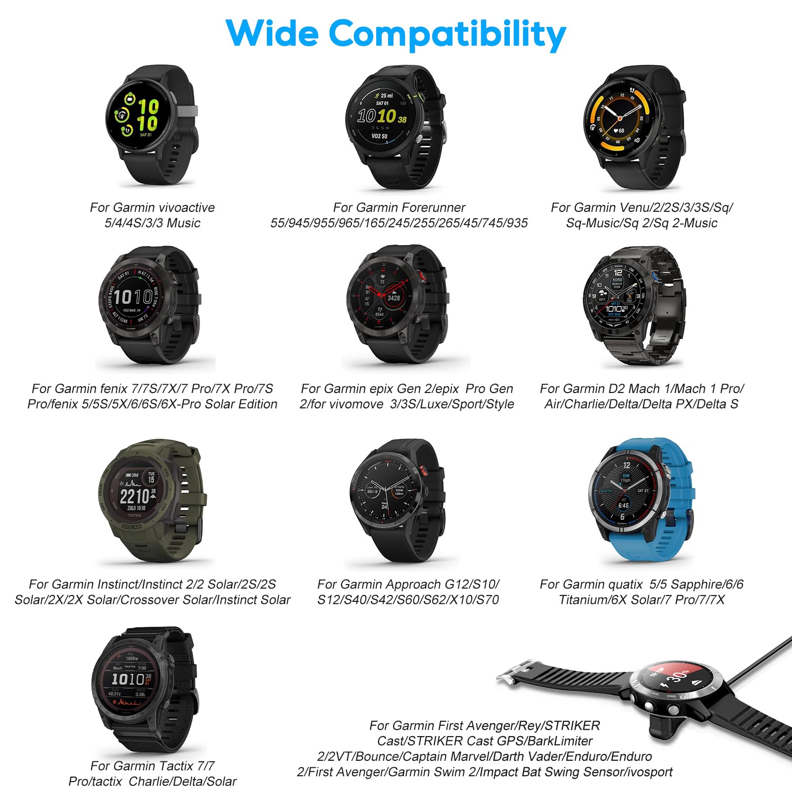 2 Pack Charging Cable Charger For Garmin Watch Fenix 7 7S 7X 6 6S 6X 5 5S, Forerunner 245 945, Instinct 2 2S, Vivoactive 4 4S 3, Vivosmart 5, 3.3Ft/1M Upgraded Lay Flat Charging Cord For Garmin Watch