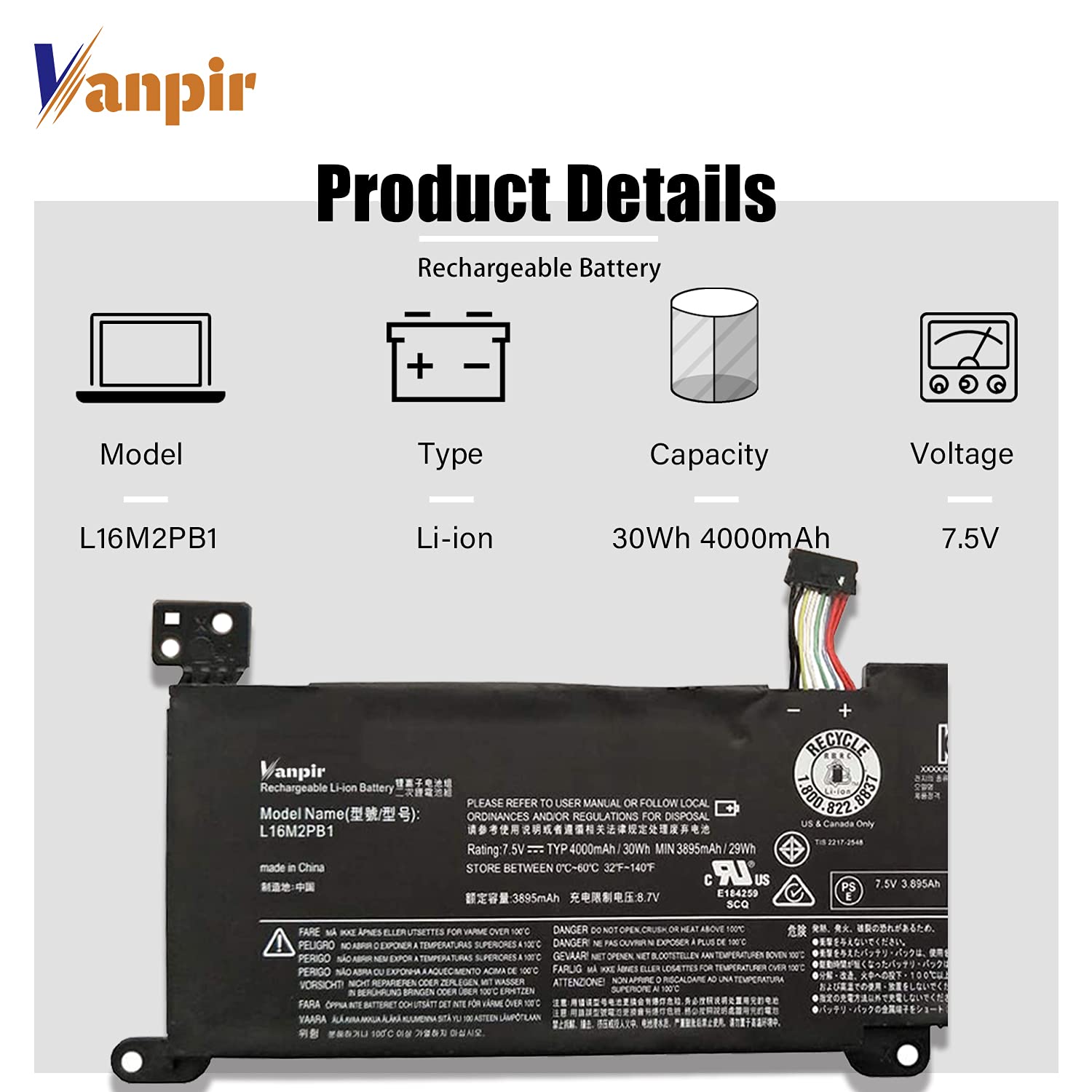 Vanpir L16M2Pb1 Laptop Battery 7.5V Replacement For Lenovo Ideapad 3 15 Inch 3 15Ada05 (Model Number 81W10094Us) Series L16C2Pb2