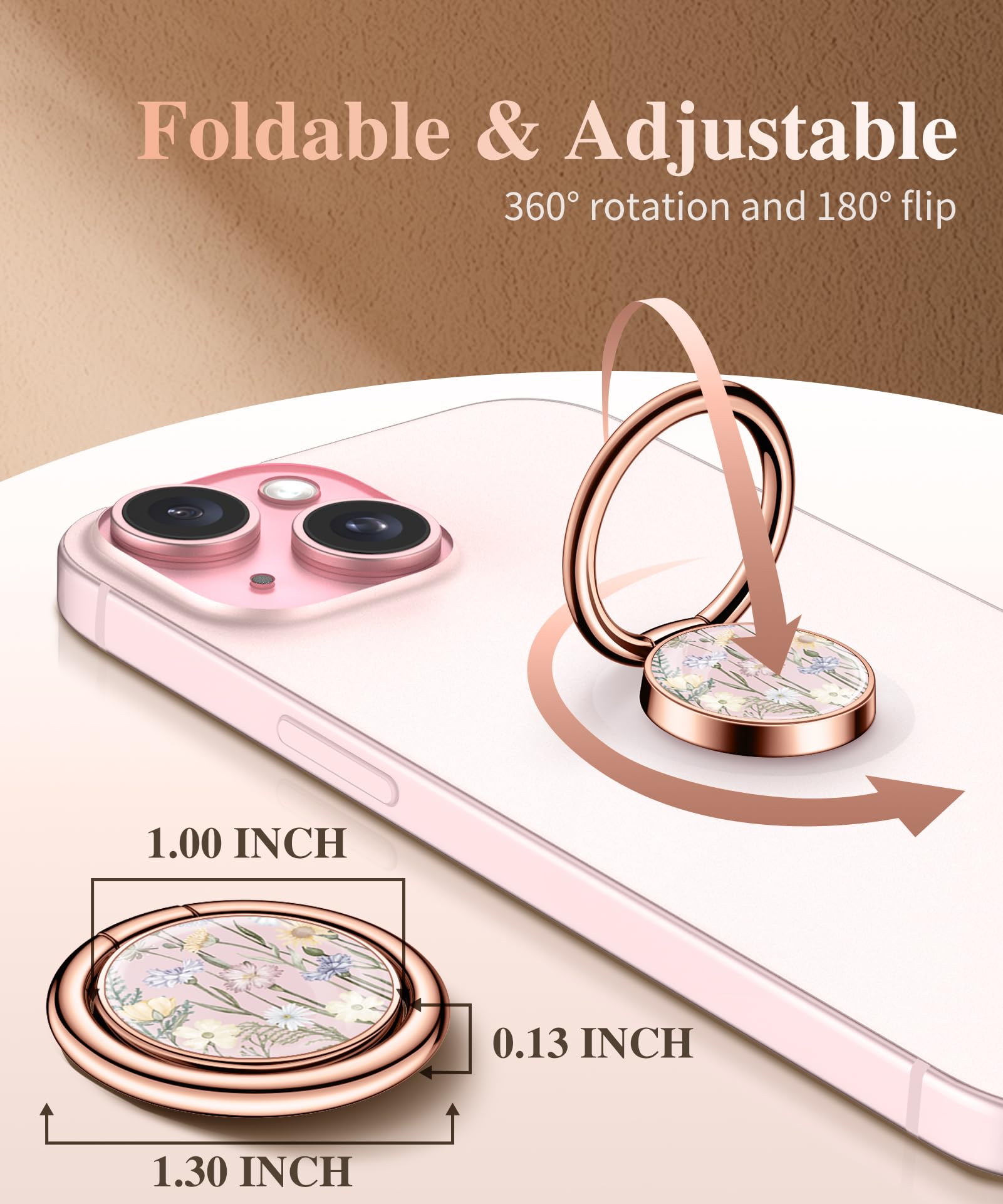 Gviewin Floral Cell Phone Ring Holder, Metal Kickstand Grip For Magnetic Car Mount Compatible With Iphone 16 Pro Max/Plus/14/13