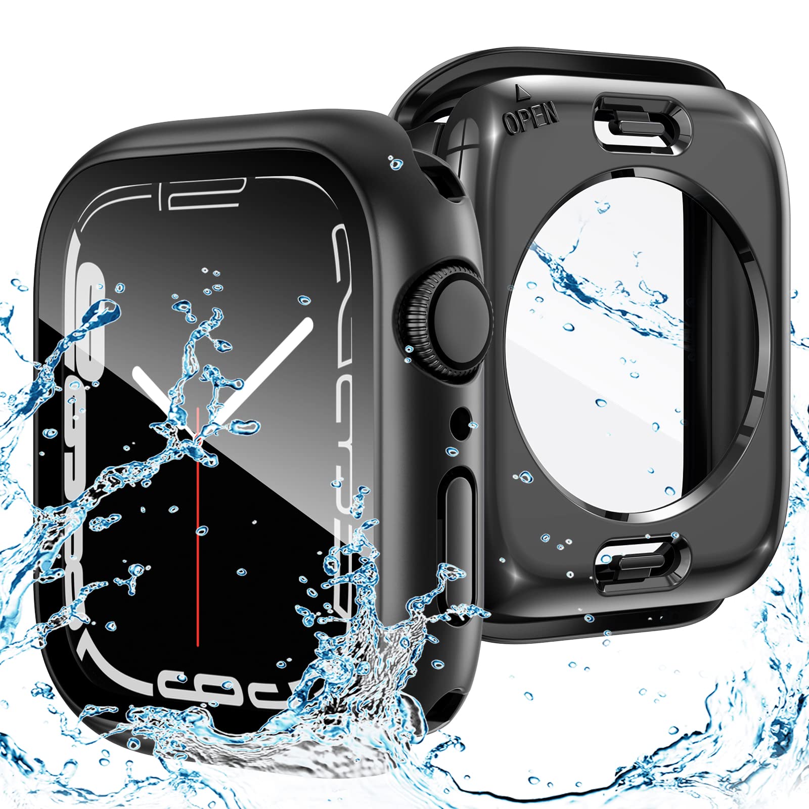 Goton 2 in 1 Waterproof Case for Apple Watch Series 9 8 7 Screen Protector 45mm, 360 Protective Glass Face Cover Hard PC Bumper 