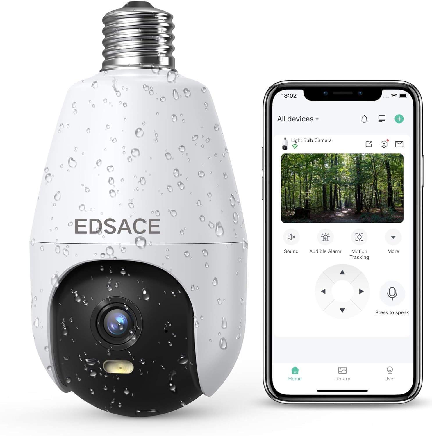 Edsace 2K Hd Wifi Light Socket Security Camera, 5G/2.4G Dual Band, Weatherproof, Auto Tracking, Full Color Outdoor Home Security