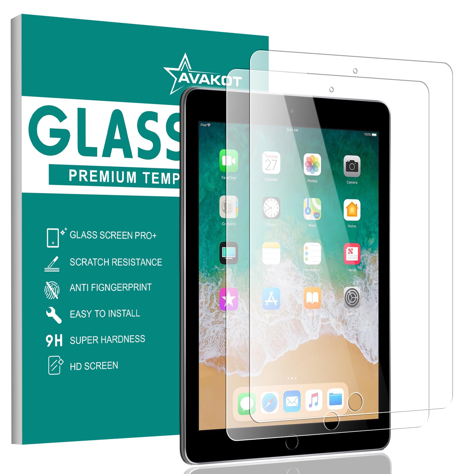 Avakot 2 Pack Screen Protector For Ipad 6Th Generation 9.7 Inch, Anti Scratch Tempered Glass Film For Ipad 5Th Gen/Air 2/Air 1/P