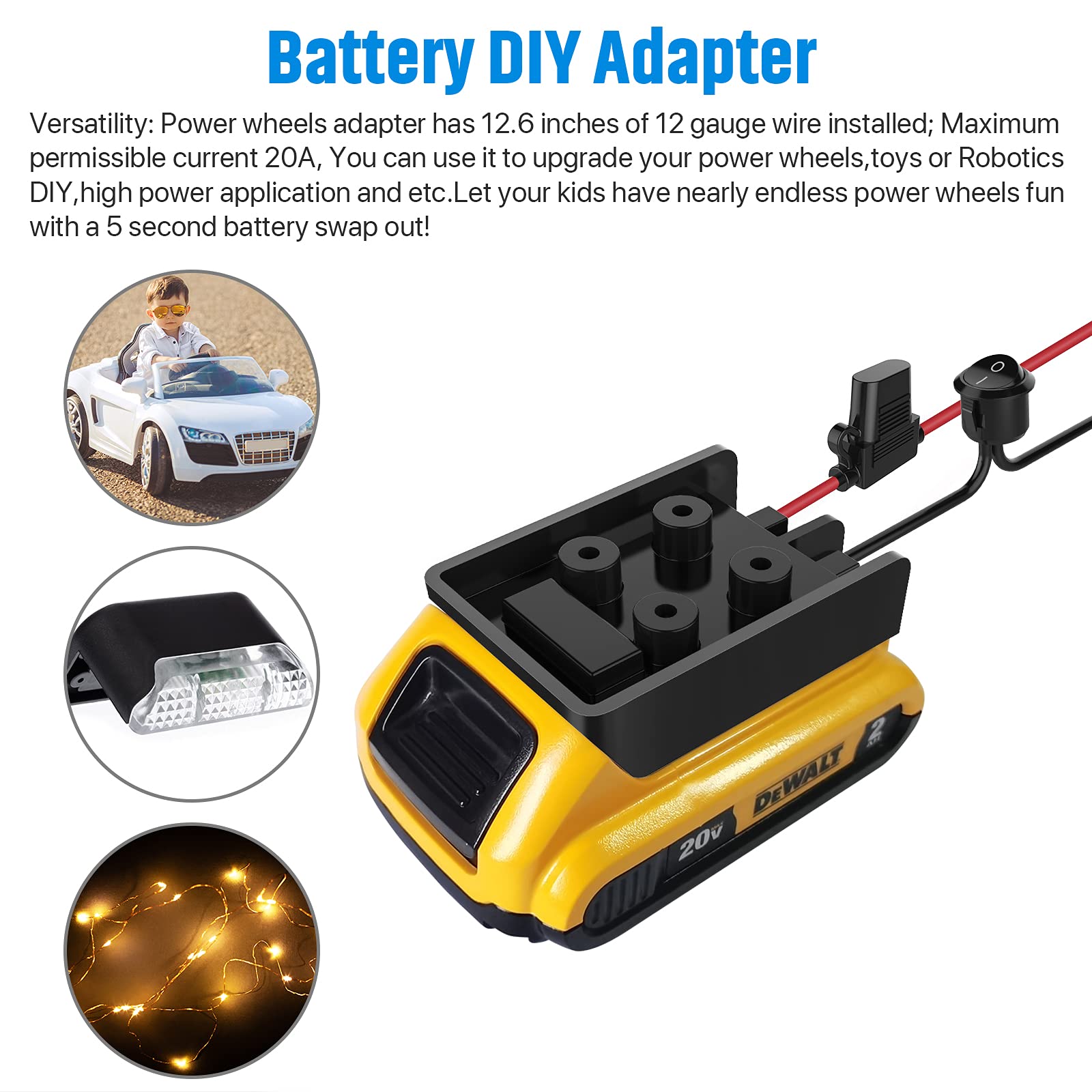 Power Wheel Adapter With Fuse & Switch, Secure Battery Adapter For Dewalt 20V Lithium Battery, With 12 Gauge Wire, Good Power Co