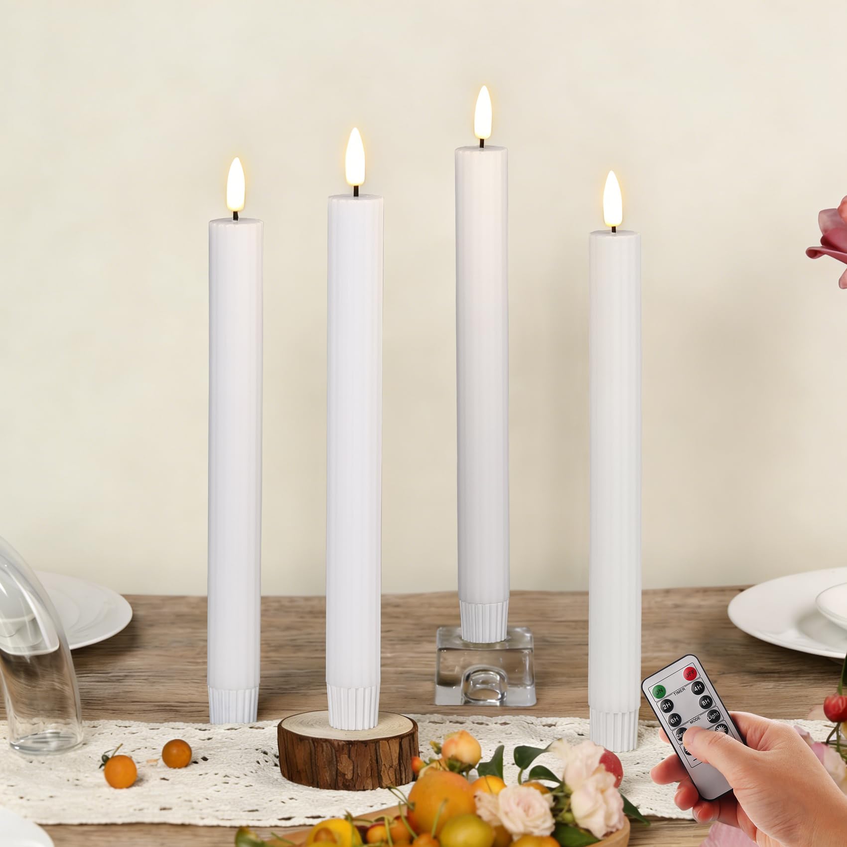 Girimax White Ribbed Fluted Flameless Taper Candles with Remote, Flickering Battery LED Wax Candlesticks Wedding Home Decor Set 