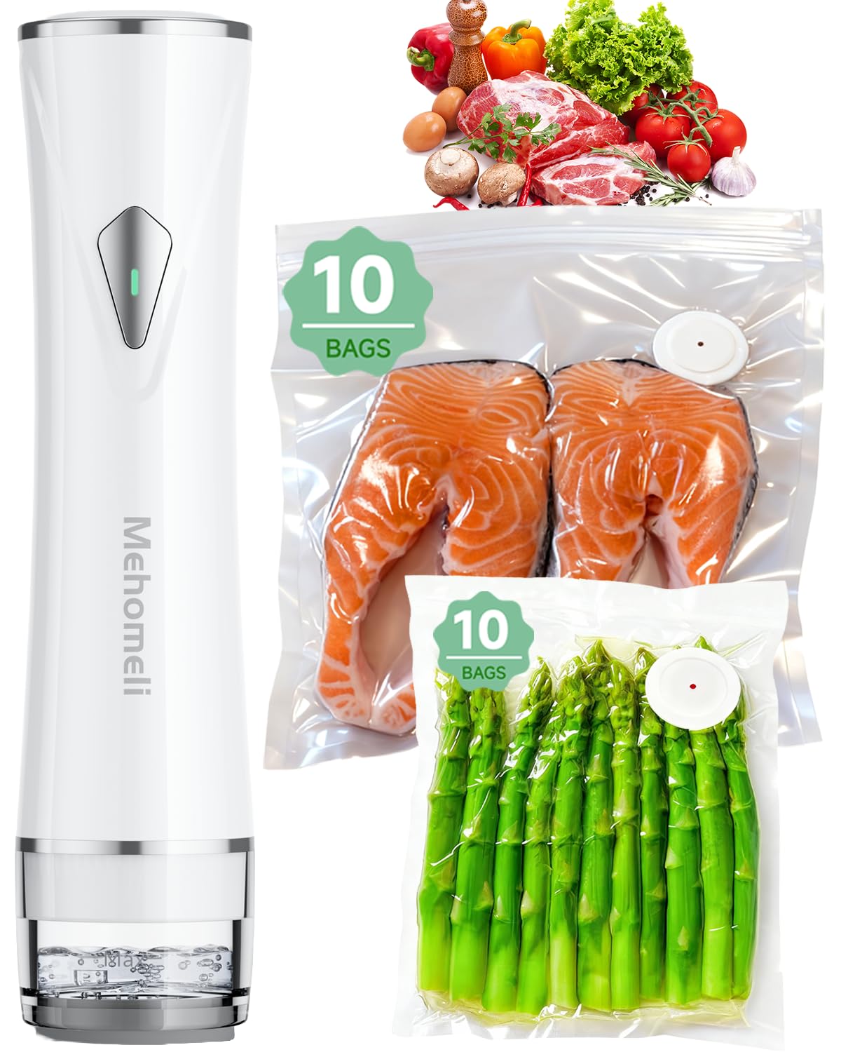 Mehomeli Compact Vacuum Sealer for Food (Vacuum Sealer Machine + 20 Reusable Vacuum Bags), Powerful Handheld Vacuum Sealer Machi