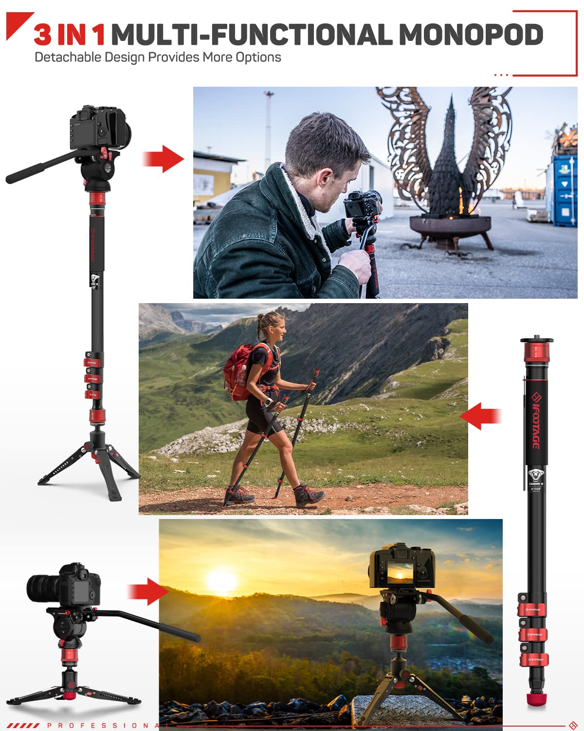 Ifootage 71'' Aluminum Monopod, Cobra 3 A180F, Telescopic Video Monopod With Feet, Professional Monopod For Dslr Cameras, Portab