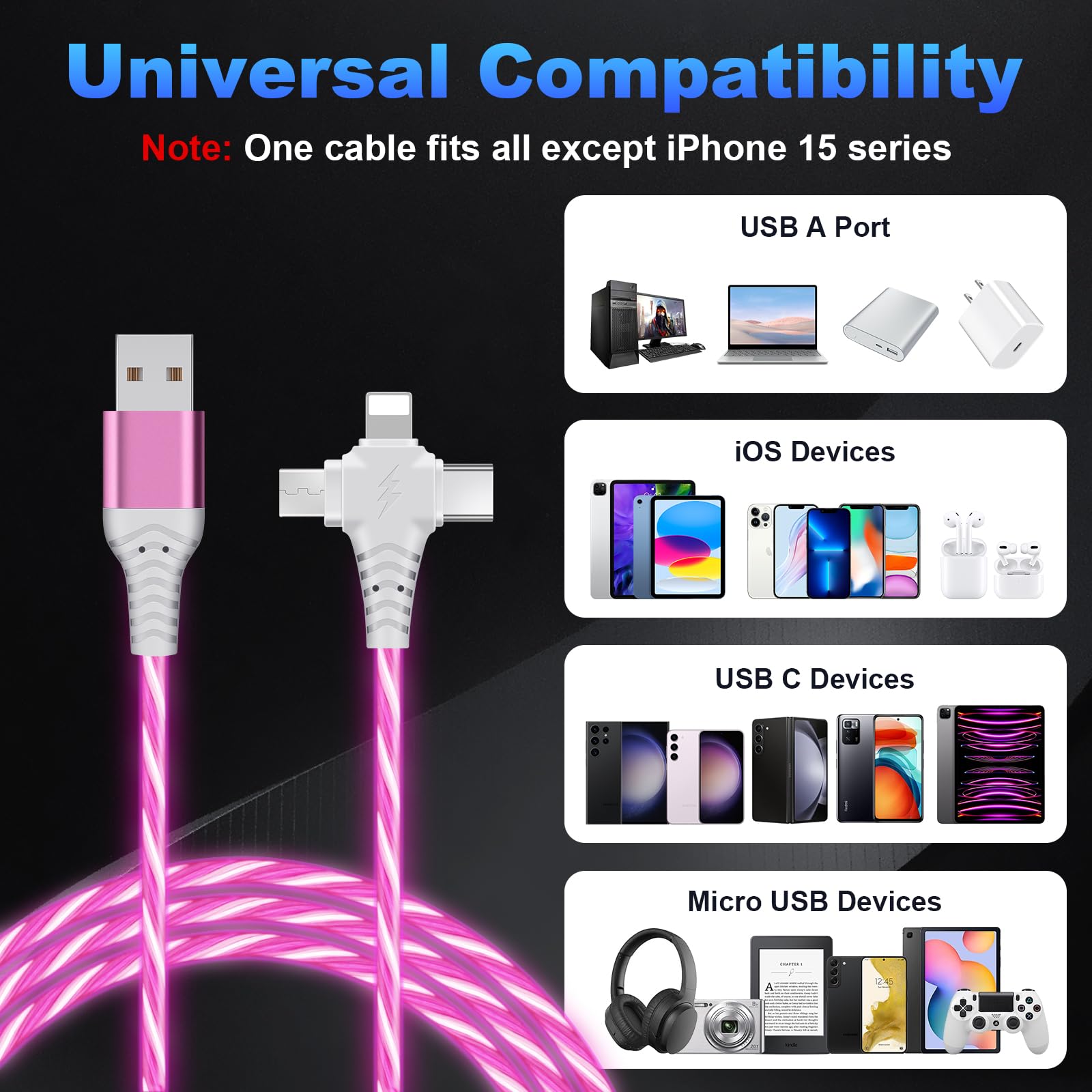 6.6Ft Light Up Multi Charging Cable 3 In 1 Glowing Fast Charging Cord 120W 3 In 1 Light Up Multi Charger Cable With Usb To Ios/T