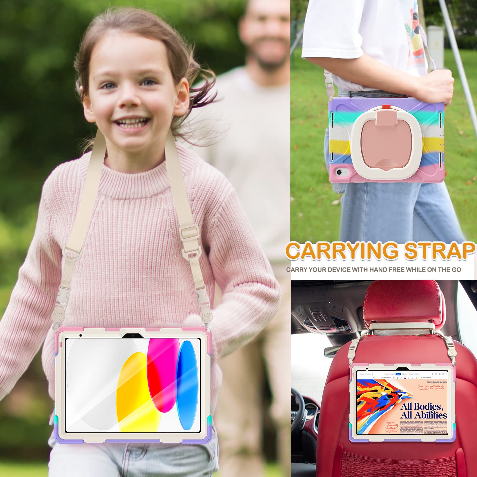 Braecn Kids Case For Ipad 10Th Generation 2022 10.9 A2696 A2757 A2777, Heavy Duty Rugged Silicone Case W/Swivel Ring Stand/Stabl