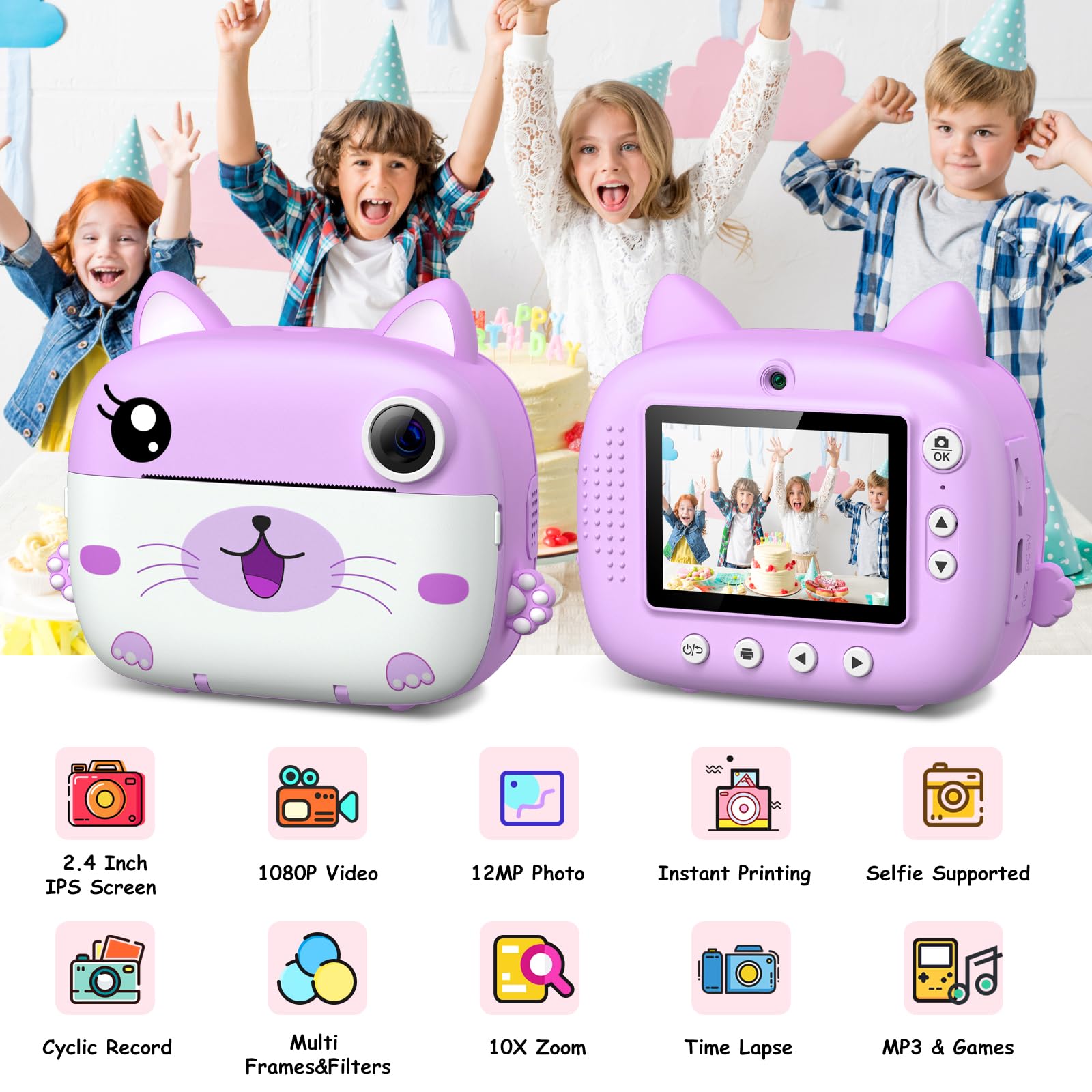 Kids Camera Instant Print,2.5K Digital Video Instant Print Camera For Kids, Selfie Toddler Cameras With No Ink Print Paper & 32G