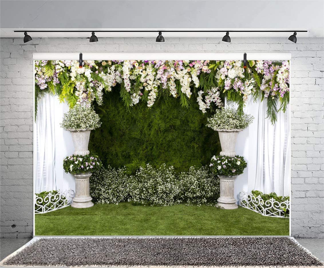 Laeacco Arch Wedding Flowers Backdrop 10X8Ft Vinyl Photography Background Stone Planter Flowers White Curtain Green Ivy Wall Decoration Outdoos Ceremony Green Grassfield Backdrop