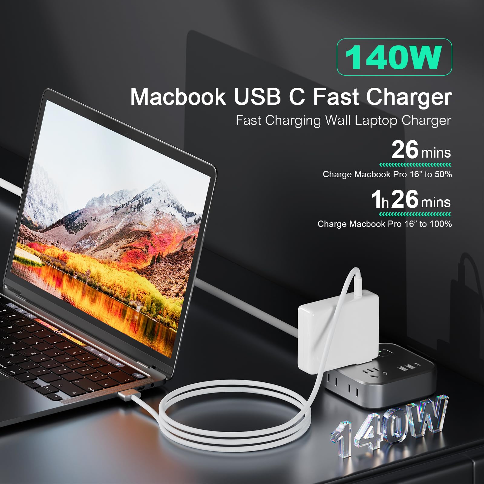 140W Usb C Charger Power Adapter For Macbook Pro/Air 13 14 15 16 Inch 2024 2023 2022 2021 M3 M2 M1 & All Usb C Device, With 6.6F