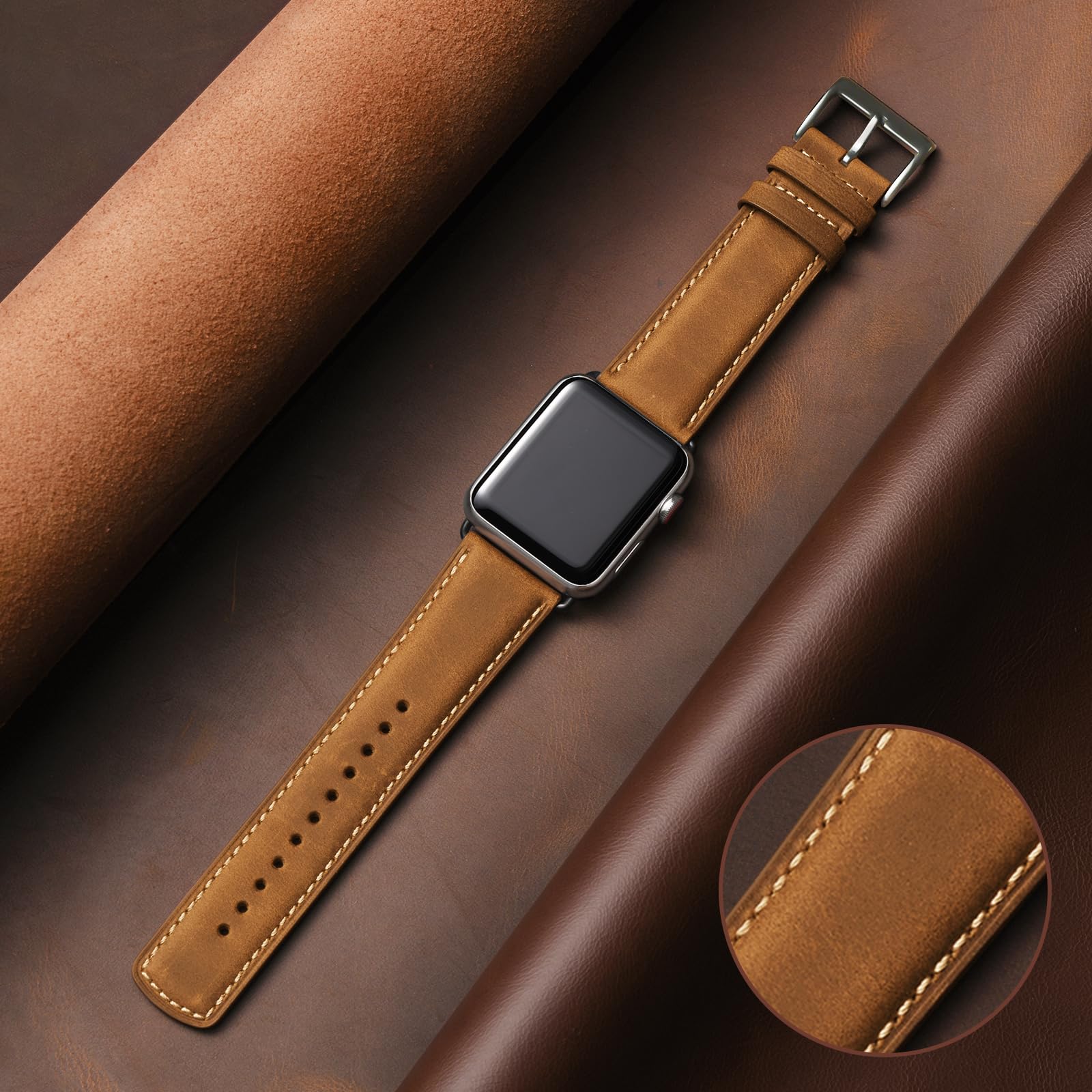 Sunfwr Leather Bands Compatible With Apple Watch Band 42Mm(Series 3 2 1) 44Mm 45Mm 46Mm 49Mm For Men Women, Top Grain Genuine Le