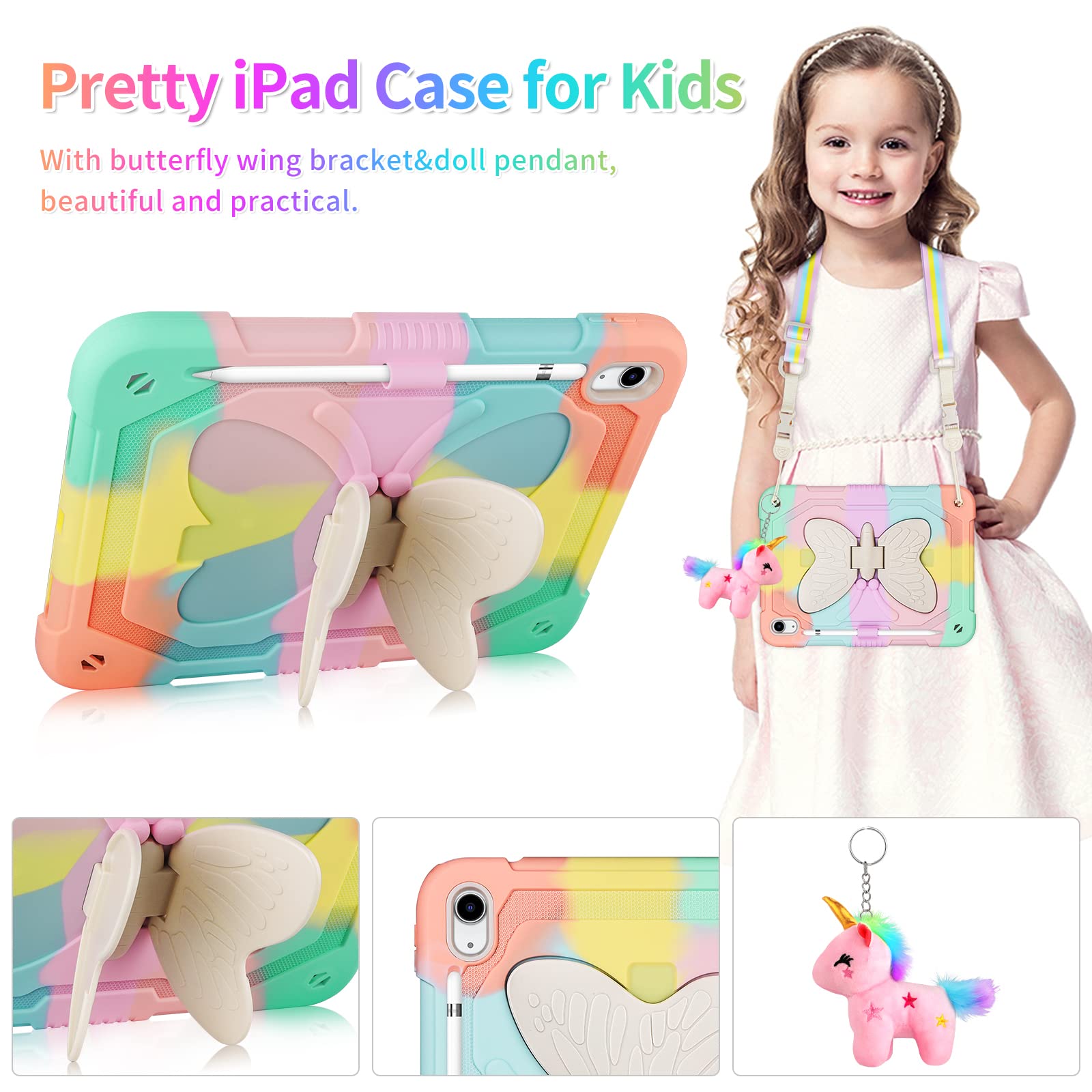 Vofuoe For Ipad 10Th Generation Case 2022 For Ipad 10.9 Case For Kids Girls With Butterfly Wings Kickstand Pencil Holder Shoulde
