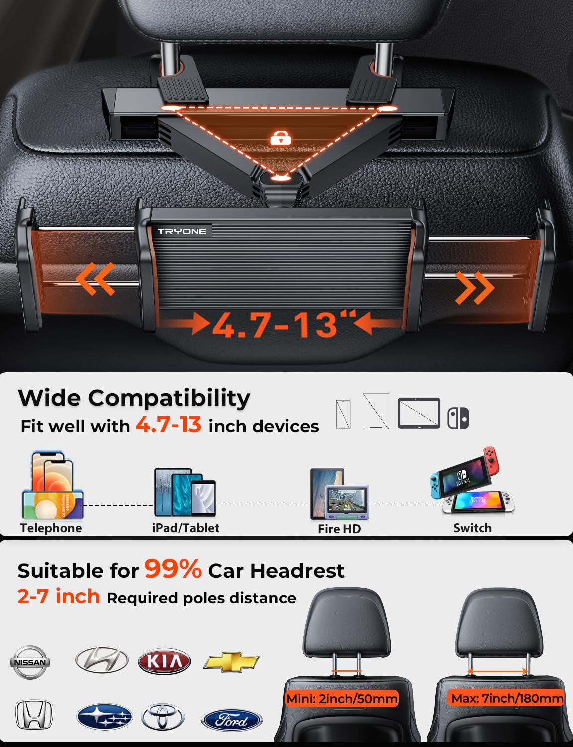 TRYONE Car Tablet Holder, Headrest Tablet Mount   [Thicker Carbon Steel] Car Holder Back Seat for Kids Travel Road Trip, Compatible with iPad, All 4.7~12.9' Tablets, Phones, Galaxy, Fire HD