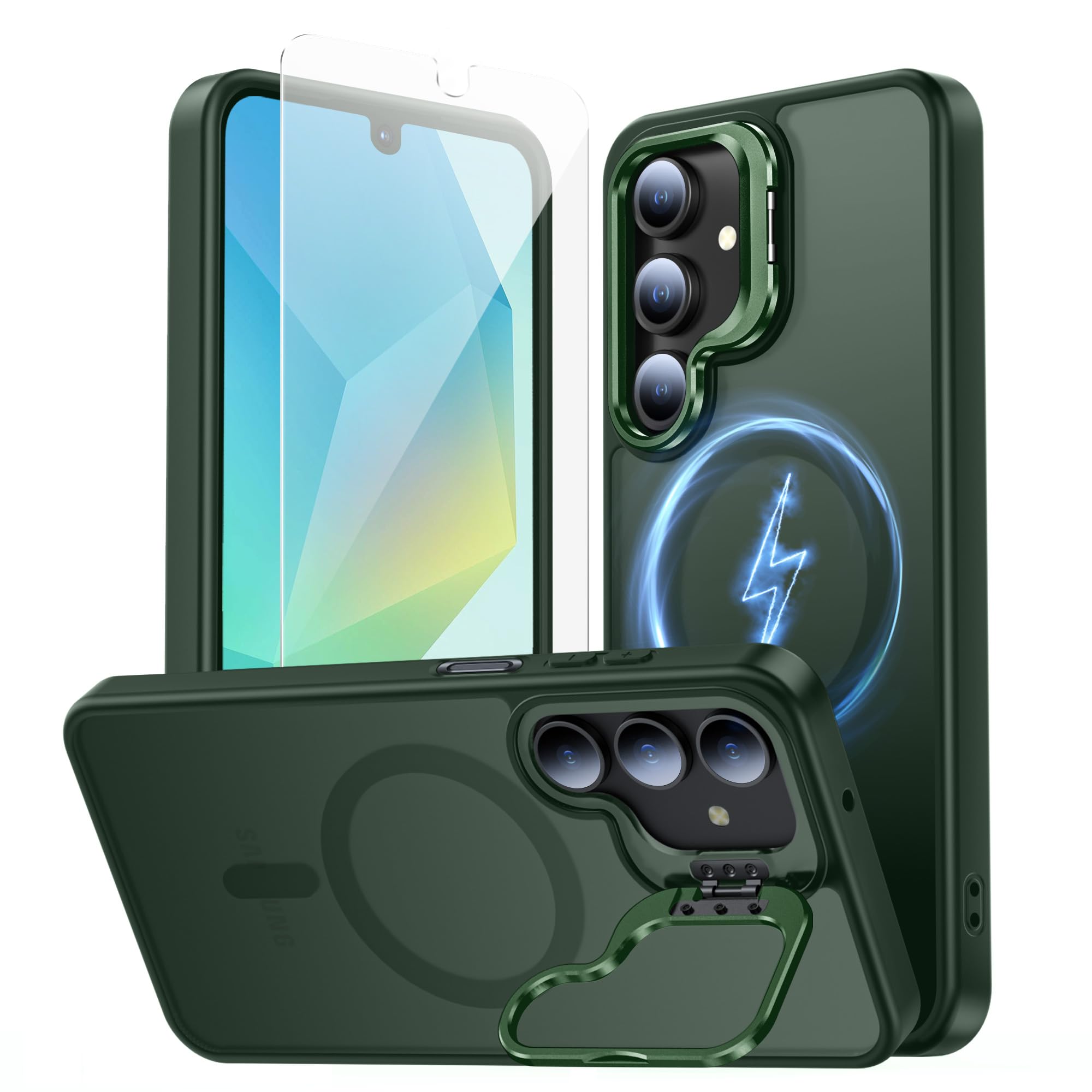 TOBOVON for Samsung Galaxy A16 5G Case, Fits MagSafe, with Built-in Camera Ring Stand & Sceen Protector, Slim Translucent Matte 