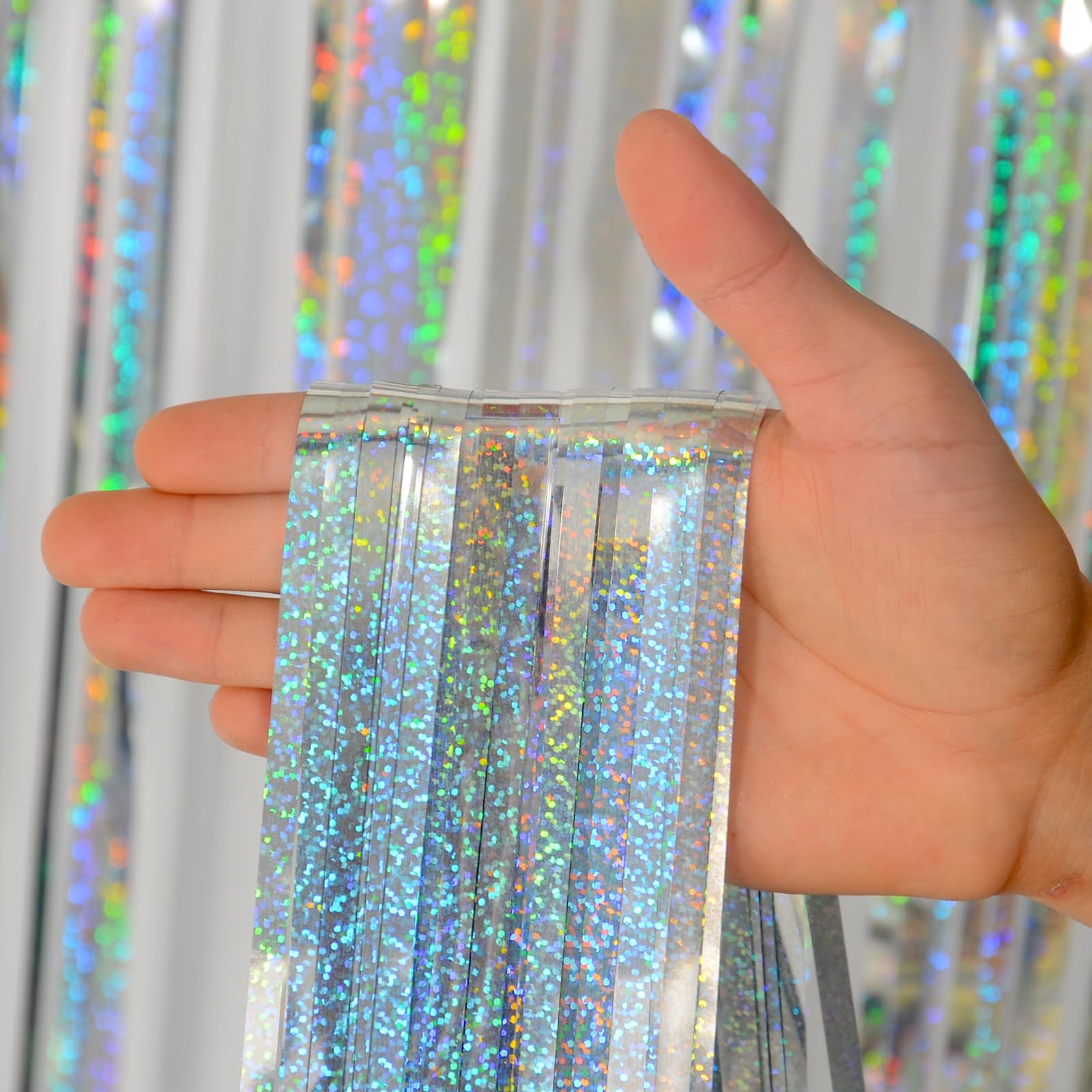 Melsan Silver Foil Curtain Tinsel Backdrop, 3.2 Ft X 8 Ft Tinsel Foil Fringe Curtains Backdrop, Sparkle Metallic Foil Curtains F