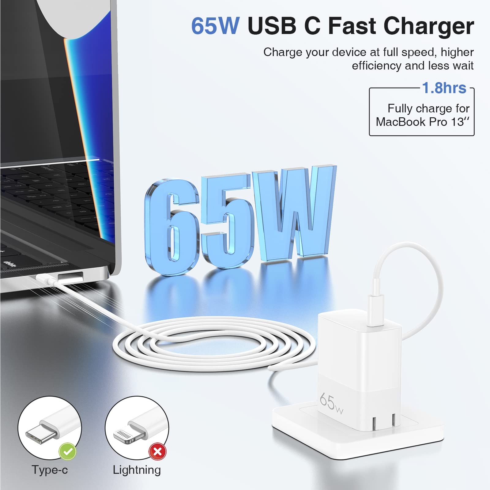 Mac Book Air Charger, 65W Usb C Charger Gan Fast Compact Foldable Adapter For Mac Book Pro/Air, Galaxy S21/S10, Dell Xps, Note 1