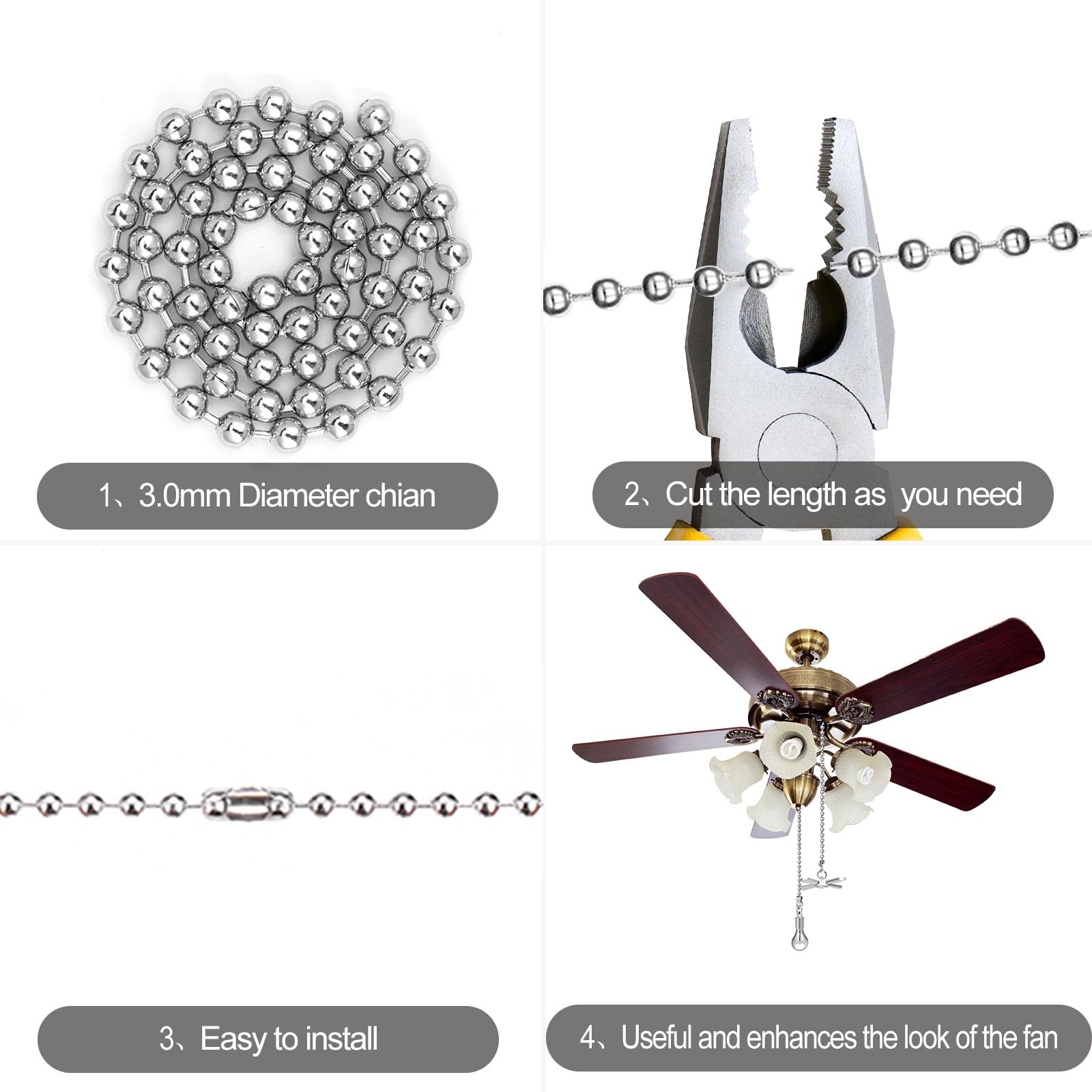 Jia Qaq Ceiling Fan Pull Chain Ornaments, 13.6 Inches Fan Pulls Extension Chains Set, Decorative Metal Light Bulb And Fan Cord,
