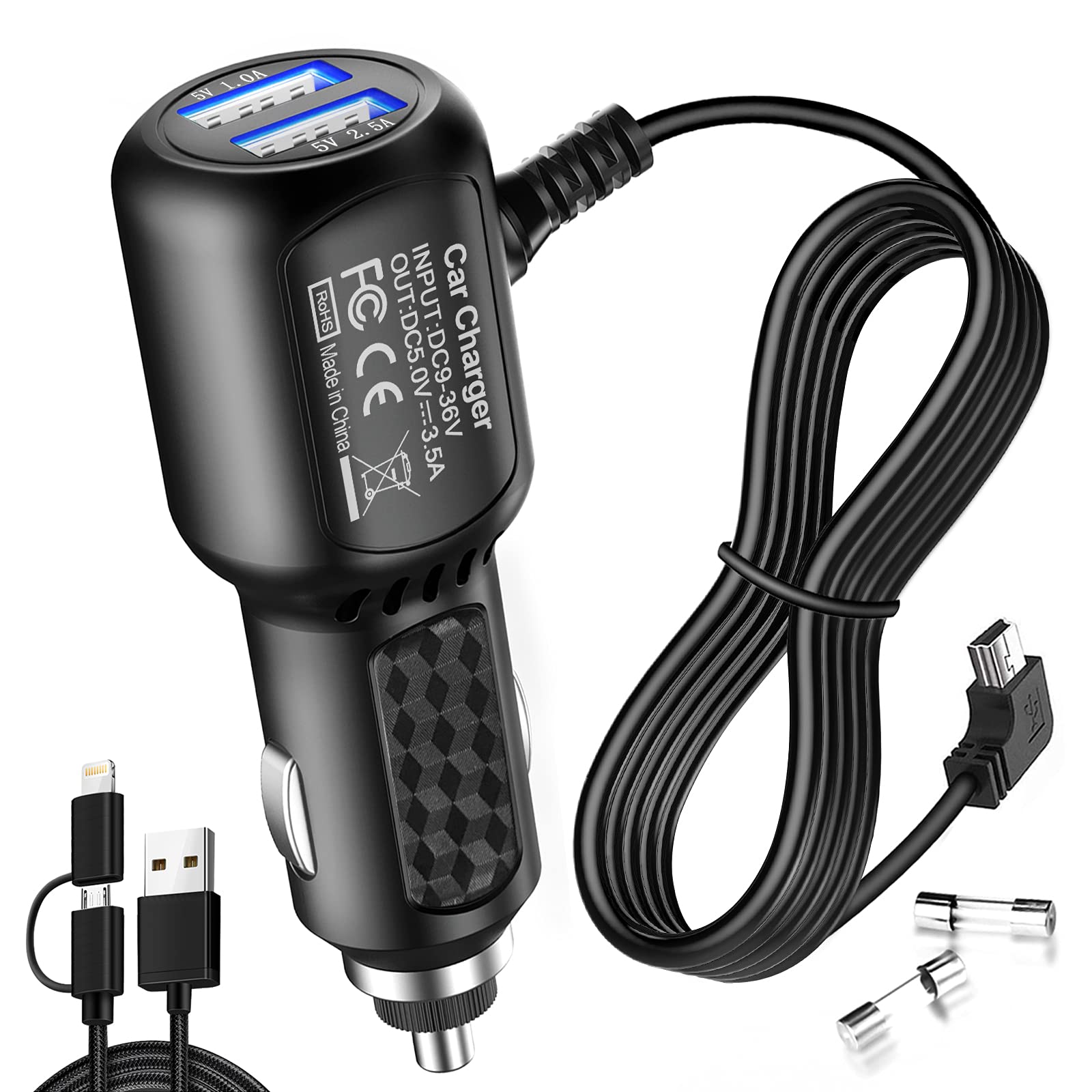 Dash Cam Charger Mini Usb, Best Dual Usb Charger, Compatible With Garmin,Apeman, Rexing, Byakov, Akaso, Crosstour, Trekpow, Pruveeo, Oldshark, Garmin And Most Other Dash Cam. (11.5Ft)