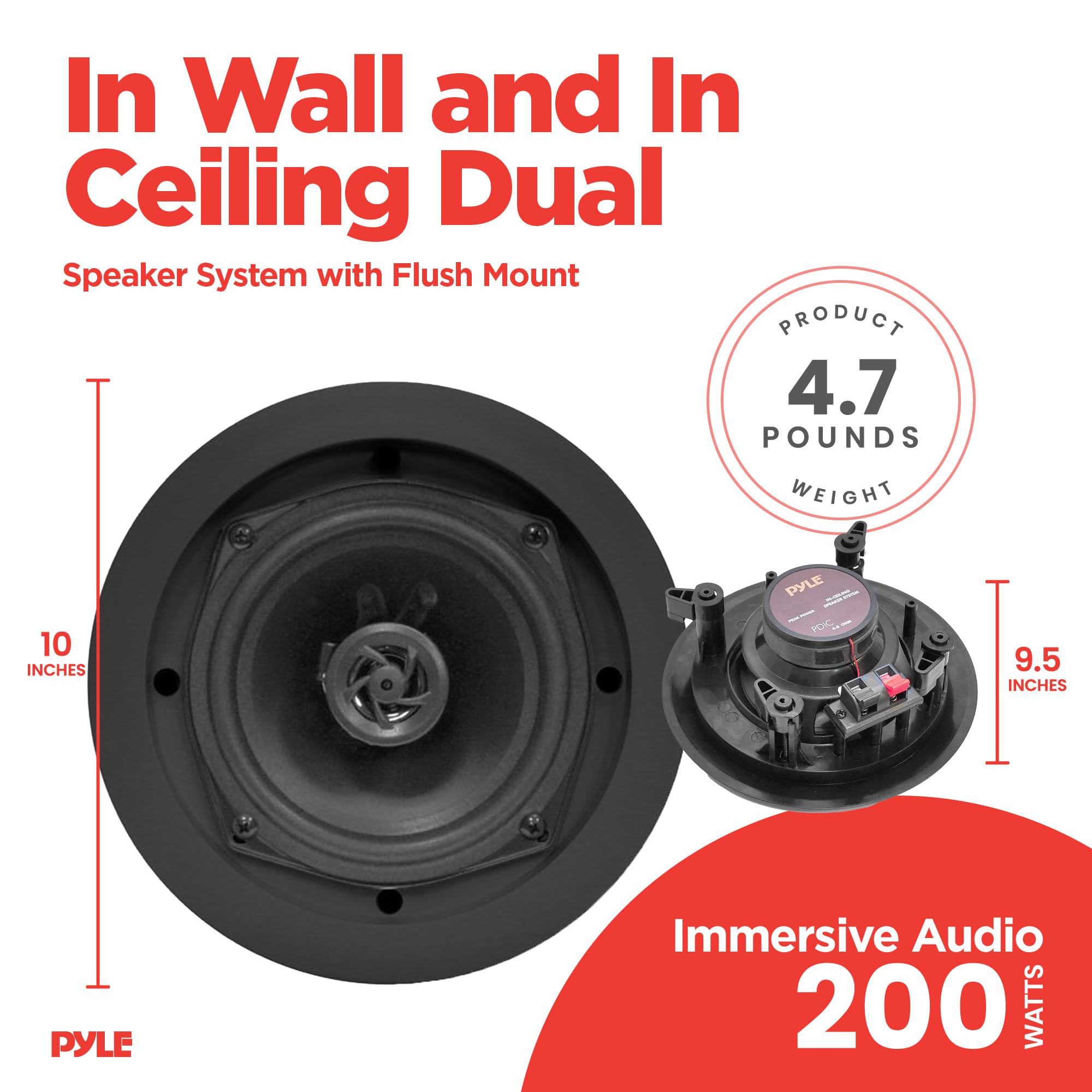 Pyle Pdic61Rdbk In Wall / In Ceiling Dual 6.5 Inch Speaker System, 2 Way, Flush Mount, Black (Pair)