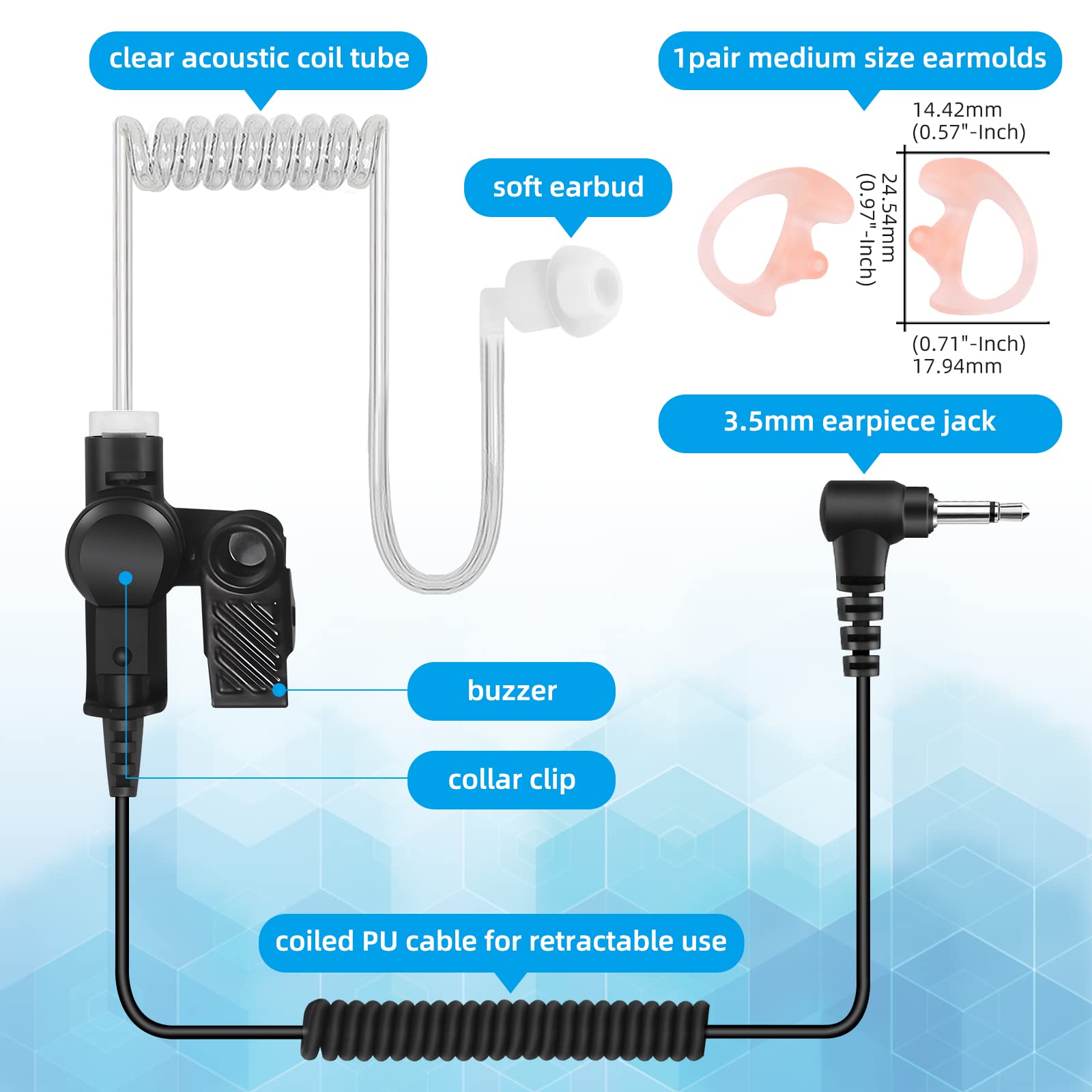 3.5Mm Listen Only Earpiece For Speaker Mic Of Motorola Kenwood Baofeng Etc, Acoustic Tube Receive Only Headset, For Police Secur