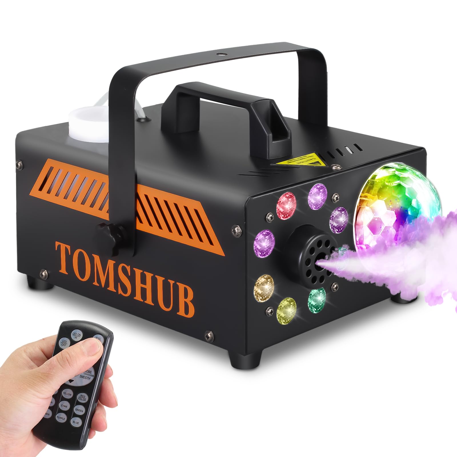 TOMSHUB 600W Fog Machine with Disco Ball & 13-Color LED Lights, 2000CFM High-Output Smoke Machine, Wireless Remote, Auto Spray, 