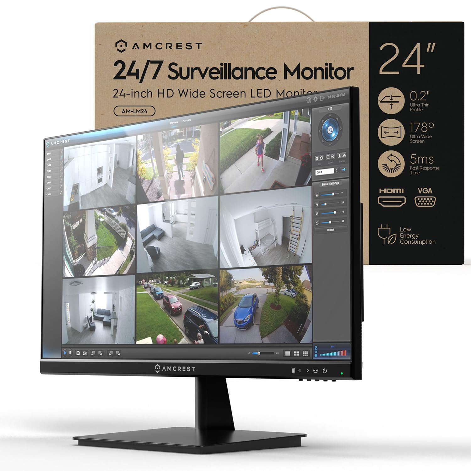 Amcrest 24/7 Surveillance Video Monitor Screen, 24 inch PC Computer NVR/DVR Monitor, 1080p FHD 60Hz with HDMI VGA, Micro Bezel D