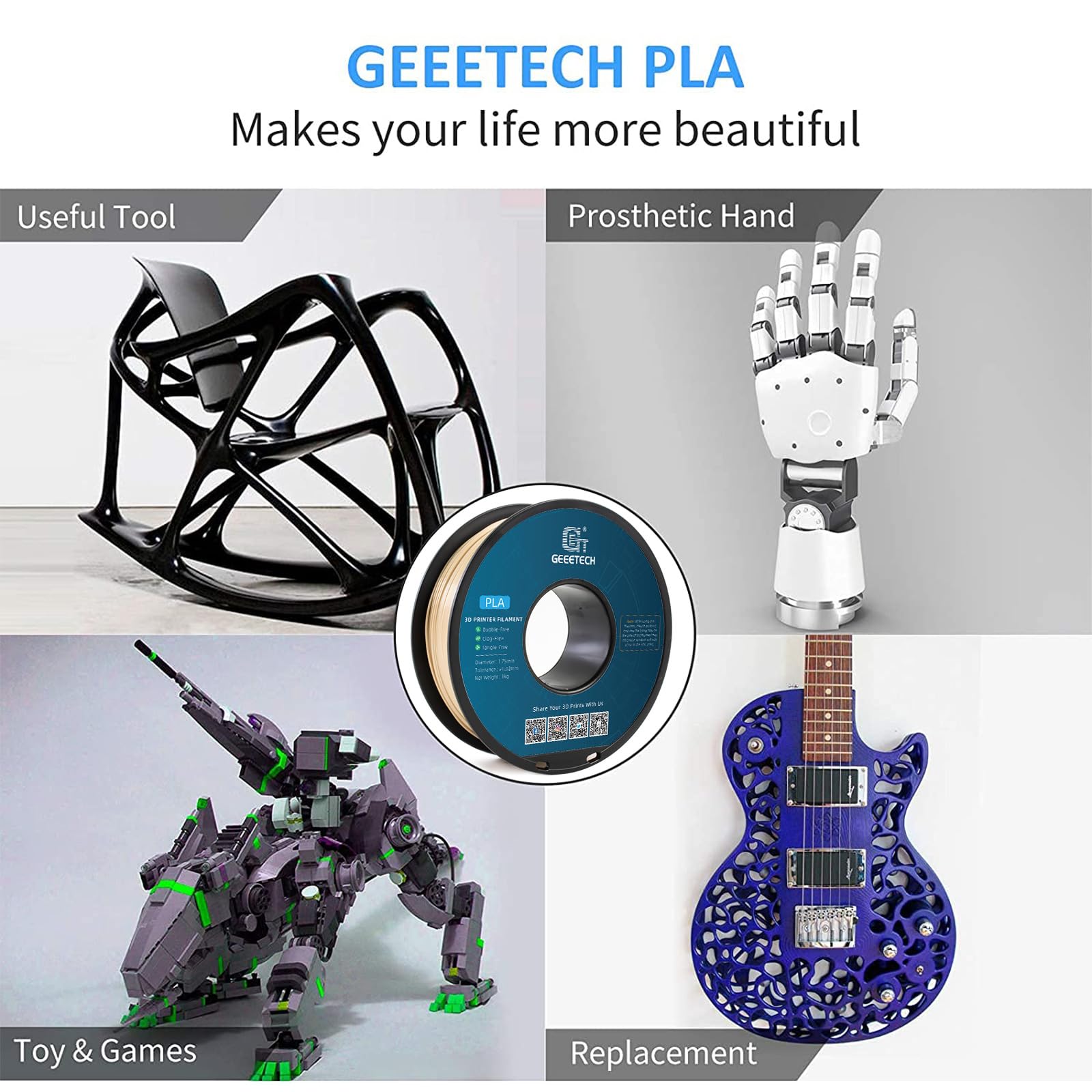 Geeetech Pla Filament 1.75Mm Bone White 3D Printer Filament 1Kg(2.2Lbs),Neatly Wound Bone Pla Filament,Dimensional Accuracy +/