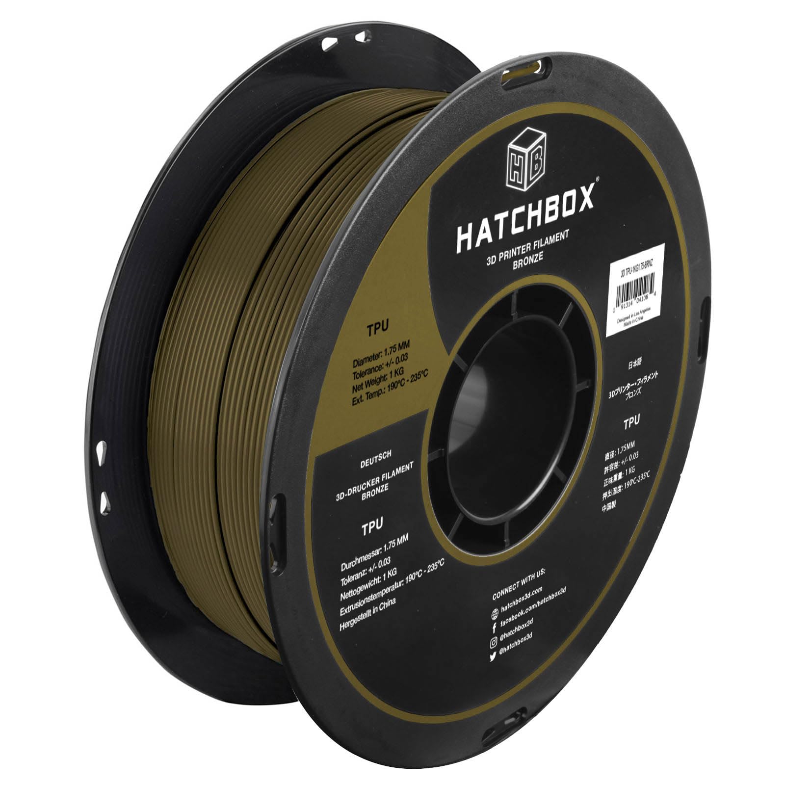 HATCHBOX 1.75mm Bronze TPU 3D Printer Filament Shore 95A, 1 KG Spool, Dimensional Accuracy +/- 0.03 mm, 3D Printing Filament