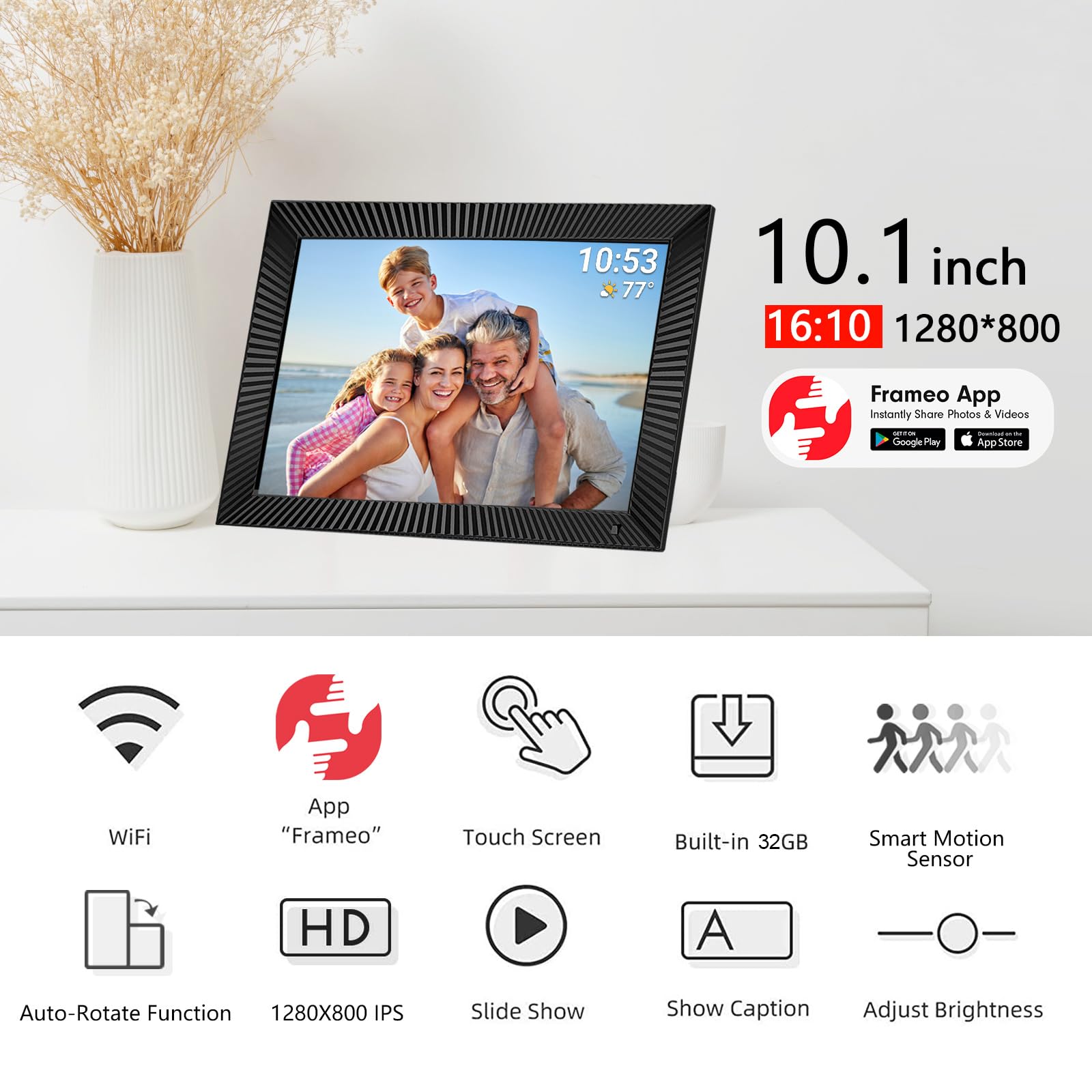 32Gb Frameo 10.1 Inch Smart Wifi Digital Photo Frame 1280X800 Ips Lcd Touch Screen, Auto Rotate, Motion Sensor, Share Moments In