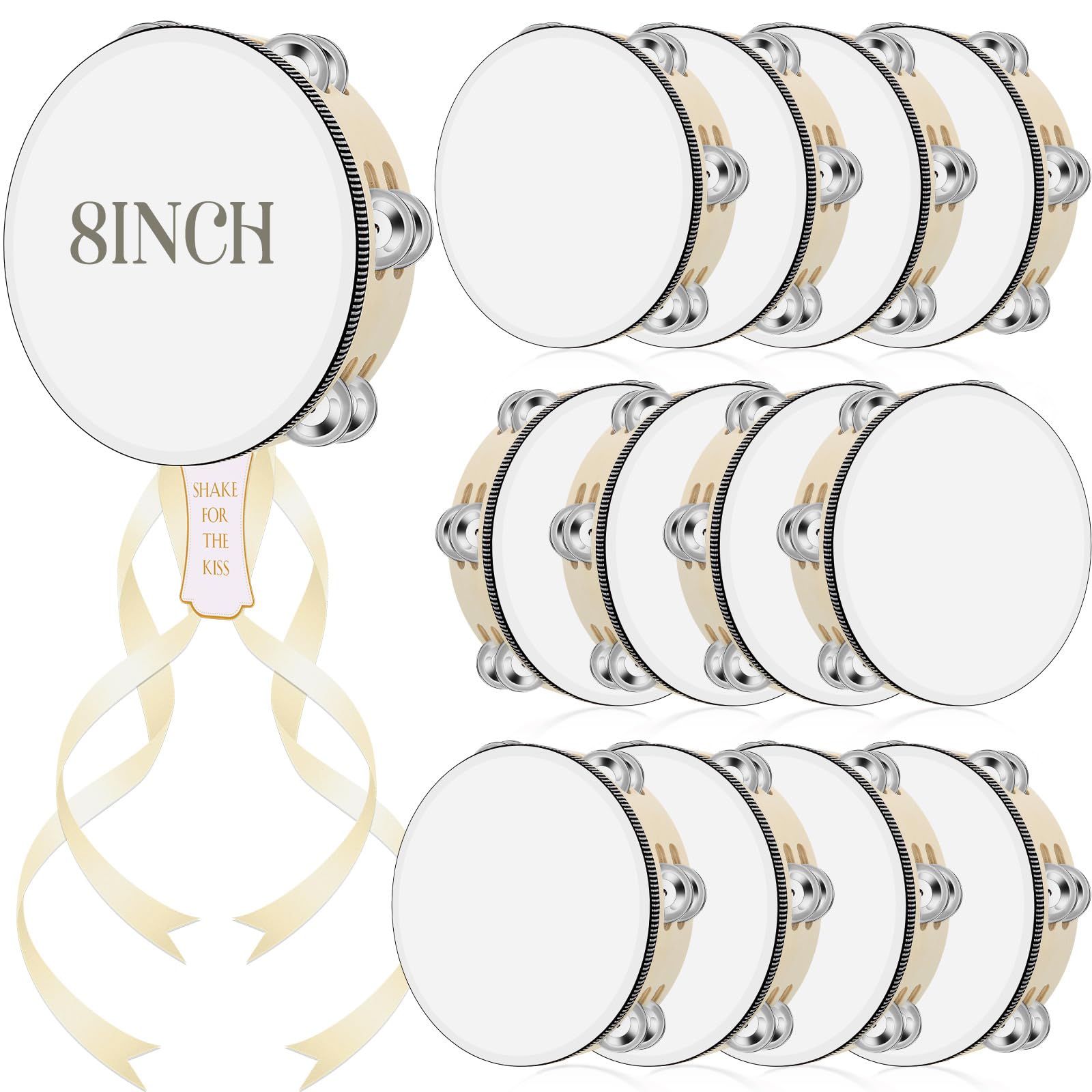 Lukmaa 12 Set 8 Inch Tambourine for Adults Tambourines Bulk Wooden Hand Held Drum with Metal Jingles, Gift Tags, Ribbon Percussi
