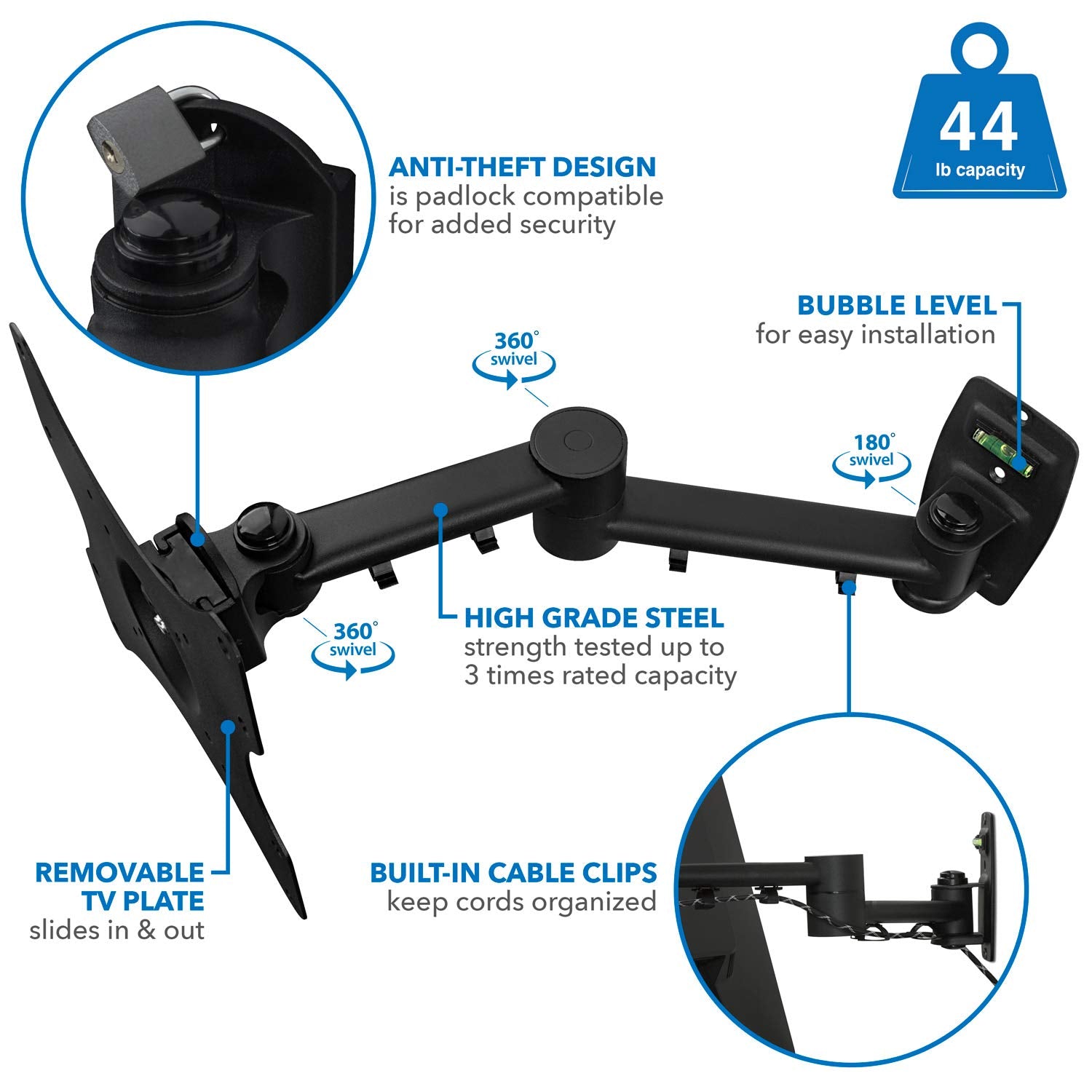 Mount It! TV Wall Mount Bracket | Quick Release | Full Motion Swing Out Tilt Swivel | Articulating Arm for 13 42' Flat Screens and Monitors | VESA 75 to 200 | 44 Pound Capacity | Anti Theft Locking