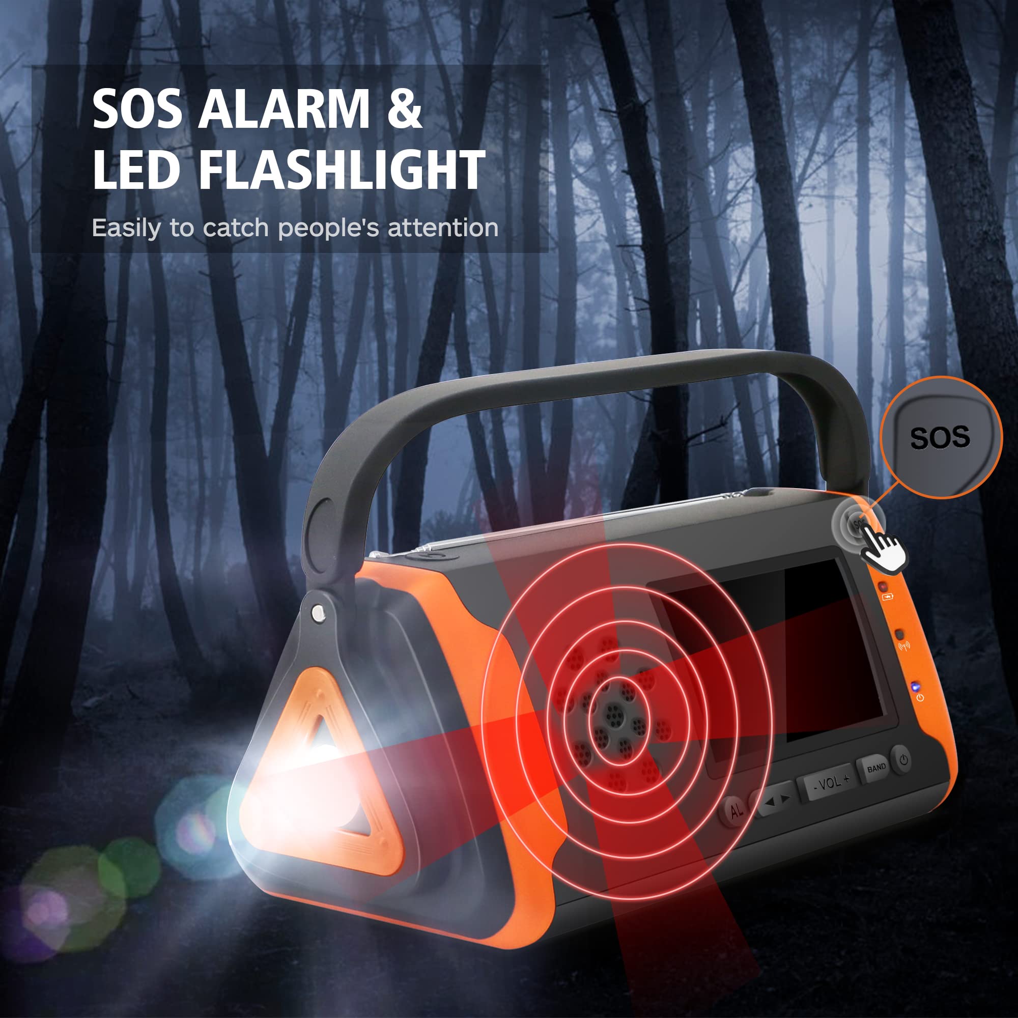 14800Mwh Emergency Noaa Weather Alert Radio: Hand Crank Solar Portable Radio With Battery Operated, Lcd Display, Aux Music Play, Flashlight, Sos Alarm, Emergency Phone Charger For Outdoor Emergency