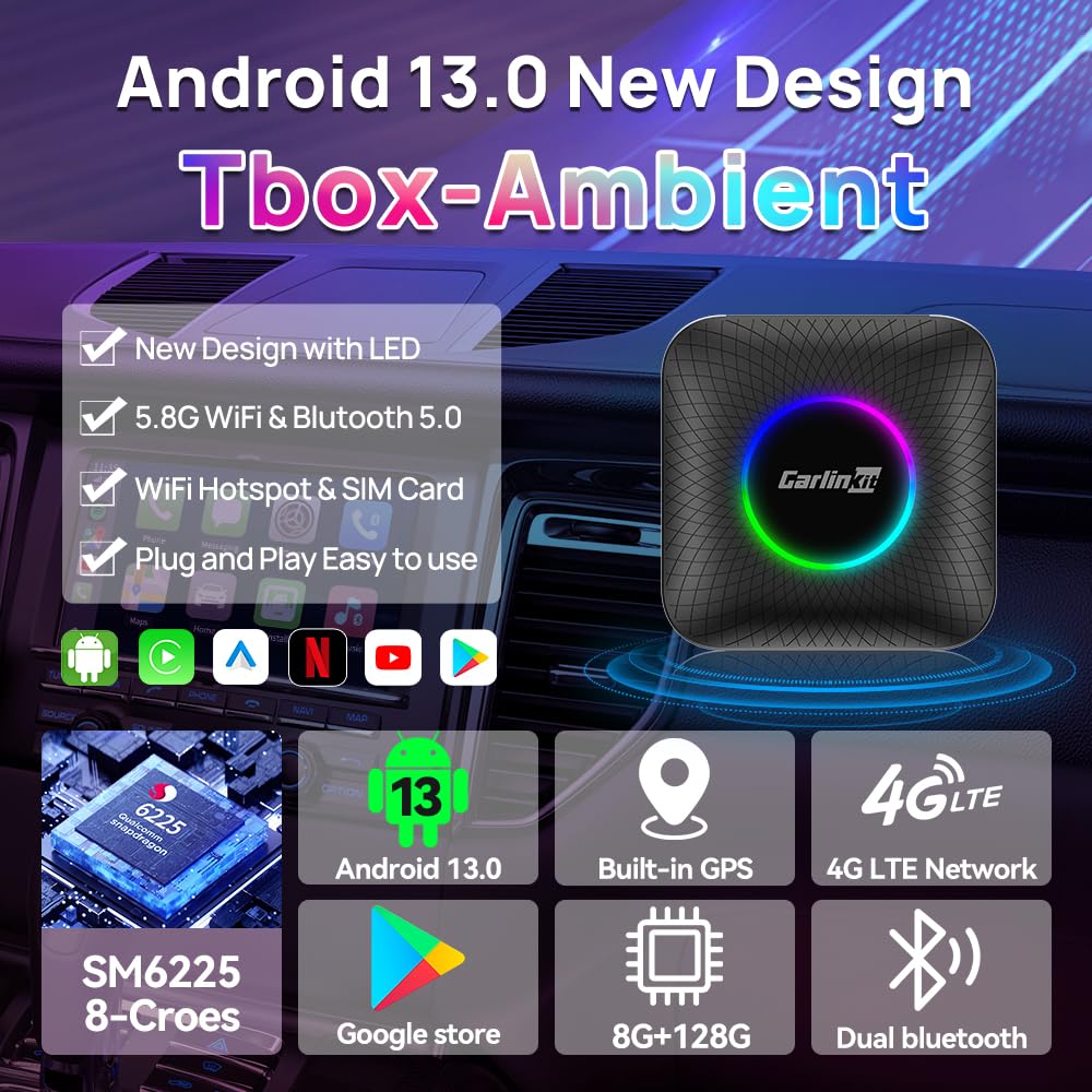Android Auto Wireless Adapter Carlinkit 3 In 1 Ai Box Only For Wired Carplay Touch Screen Cars, Support Android 13.0 System Wireless Carplay Android Auto Youtube Netflix Gps+Glonass 4Gnetwork(8G+128G)