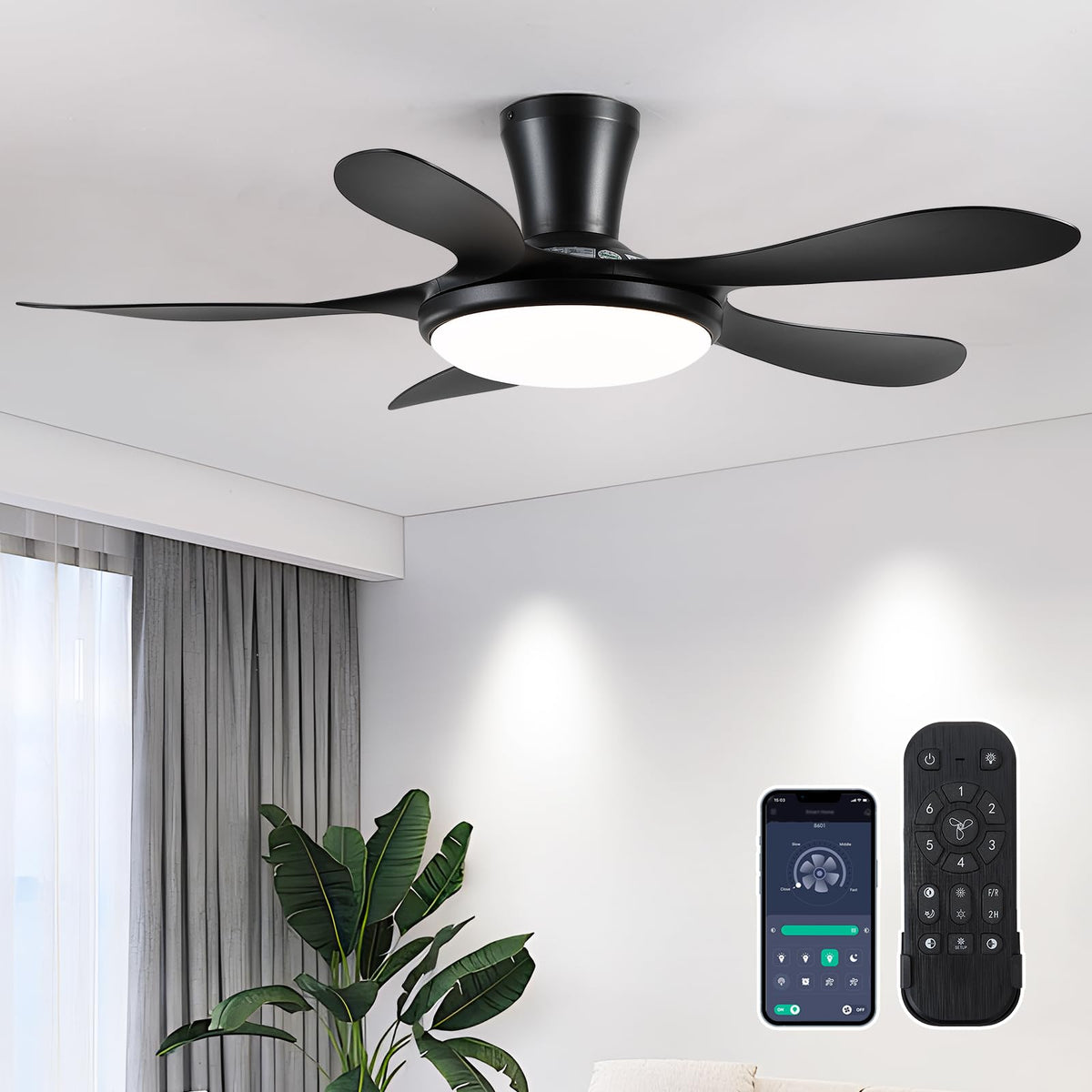 Ceiling Fan With Light And Remote/App, 46'' Modern Low Profile Ceiling Fans,Led Dimmable,6 Speeds And Quiet Reversible Dc Motor