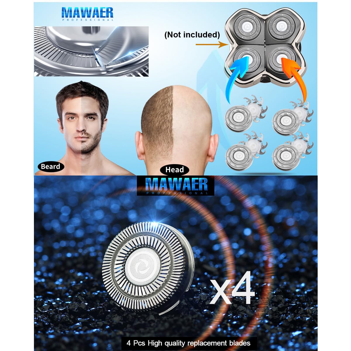 Mawaer 4Pcs Head Shaver Replacement Blades For Skull Shaver Pitbull 4 Head Series And 3 Head Series