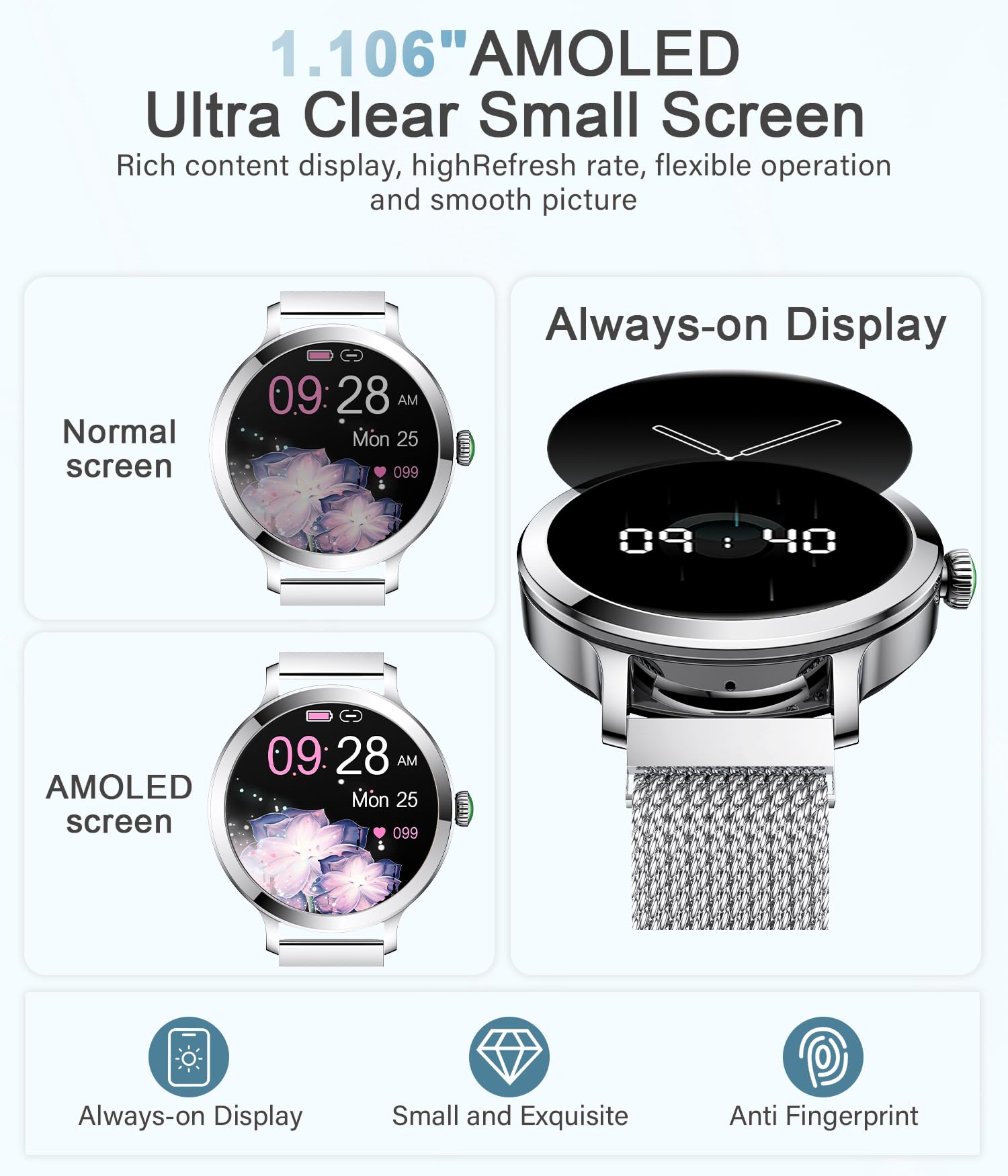 Niolina Smart Watches For Women, 1.106'' Amoled Small Screen Smartwatch Answer/Make Call For Android Ios Phones, Ip68 Waterproof