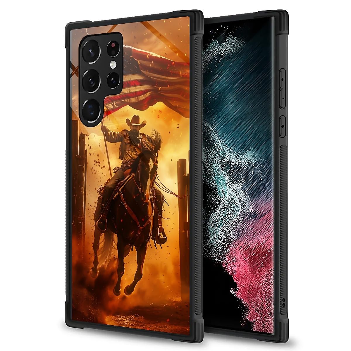 Carloca Compatible With Samsung Galaxy S23 Ultra Case, Horse American Flag Cowboy Pattern For Girl Ultra Protection Shockproof S