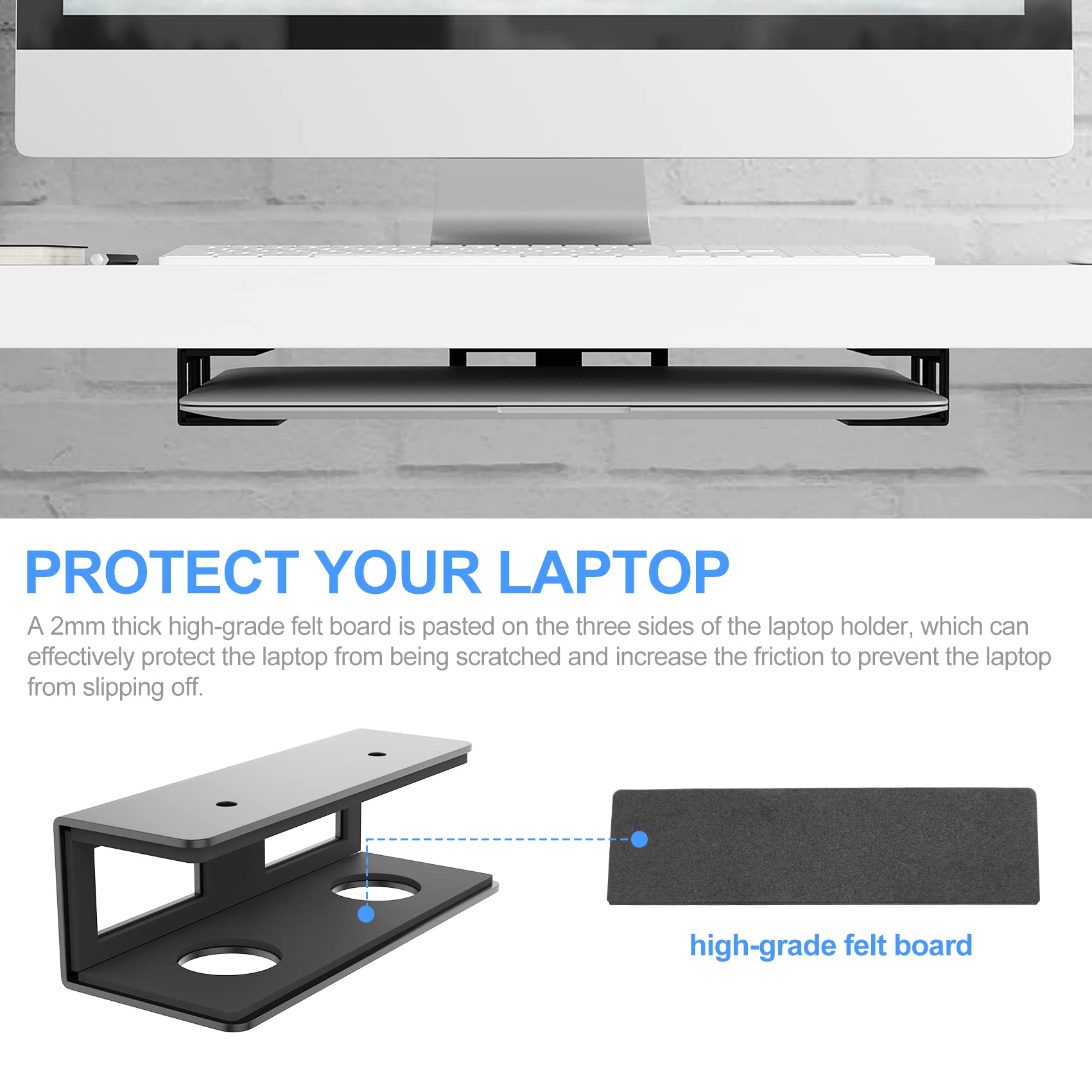 Gome Under Desk Laptop Mount Metal Bracket With Felt Board To Protect Your Laptop, Under Desk Laptop Tray Holder Desk Shelf With