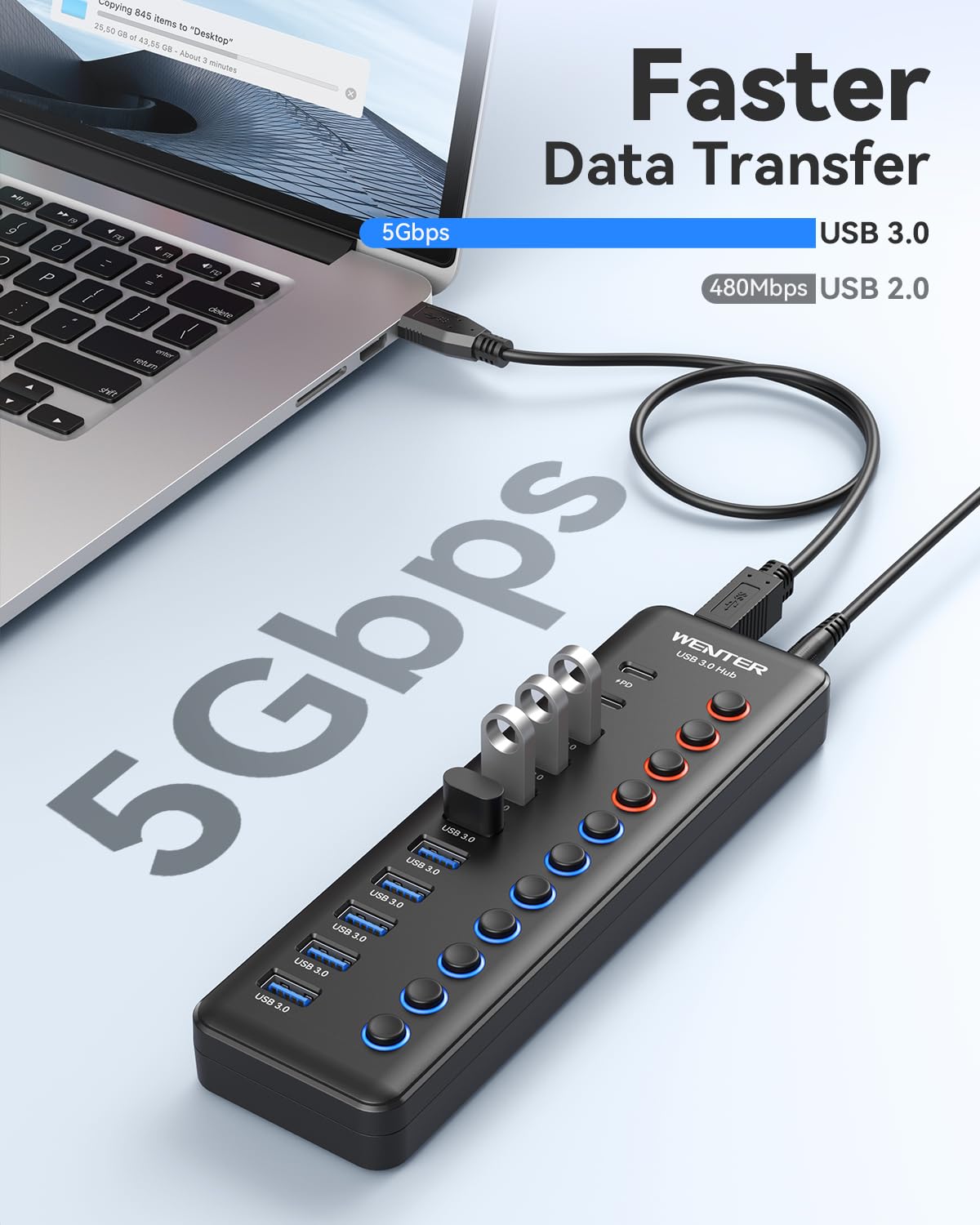 Powered Usb 3.0 Hub, Wenter 48W 11 Port Usb Hub Splitter (7 Faster Data Transfer Ports+ 4Pcs Qc Charging Ports) With Individual Led On/Off Switches, Usb Hub 3.0 Powered With Power Adapter