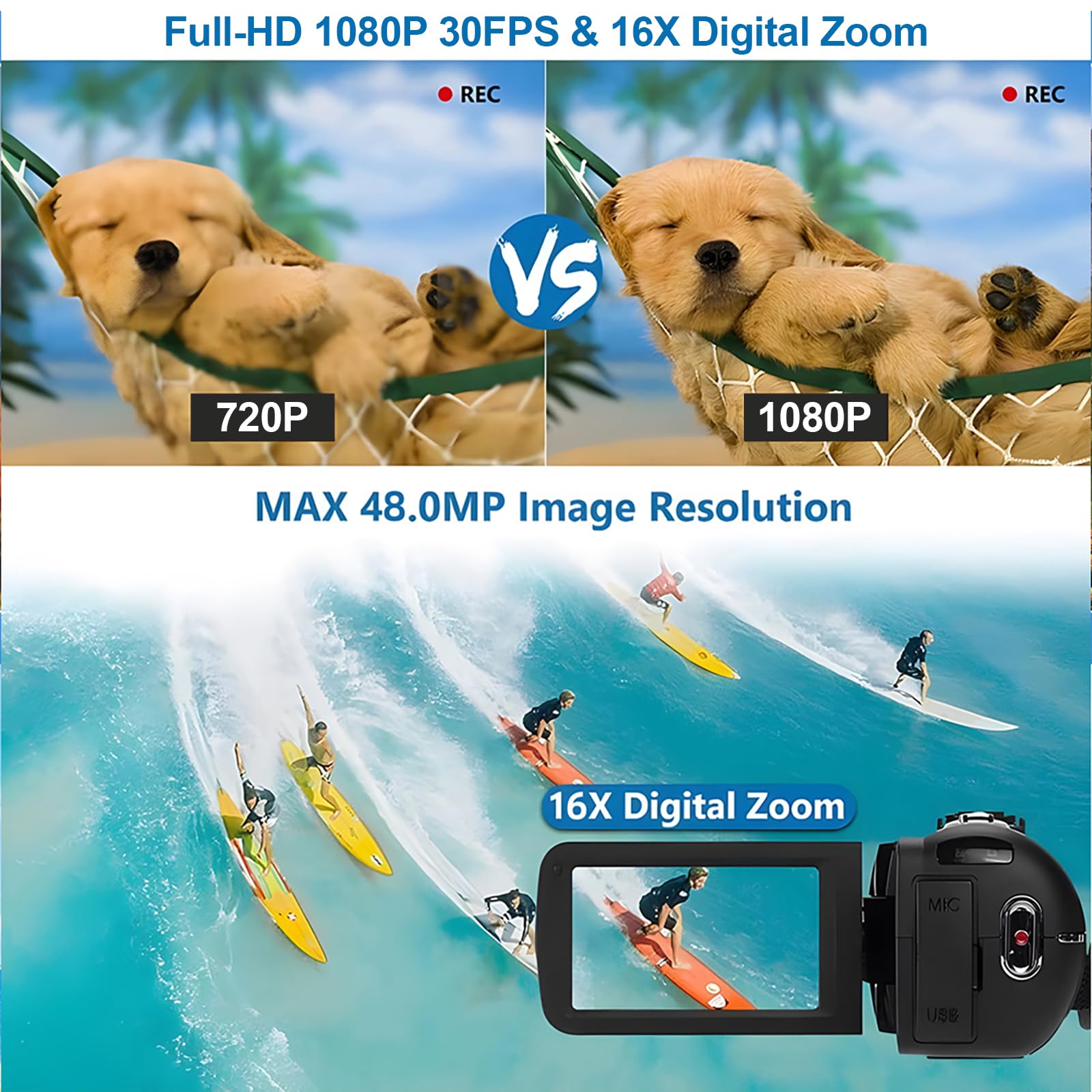 Olesit Video Camera Camcorder, Full Hd 1080P 48Mp Camcorder 16X Digital Video Camera For Youtube, 3.0 Inch Ips Screen Vlogging C