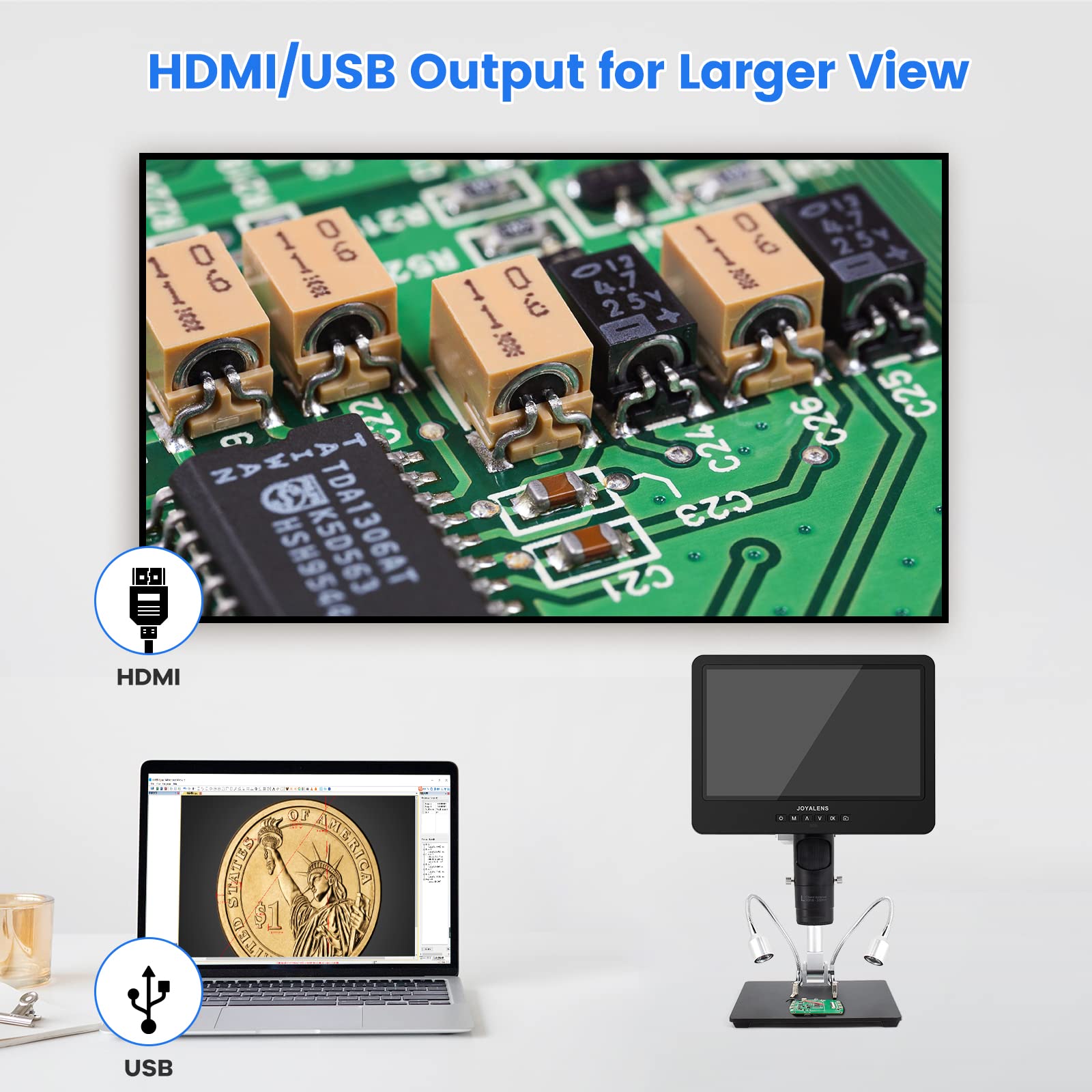 Joyalens Jl249Ms 3 Lens 10.1 Inch Lcd Hdmi Digital Microscope 2000X, 24Mp Soldering Microscope Pro Metal Stand For Vertical Hori