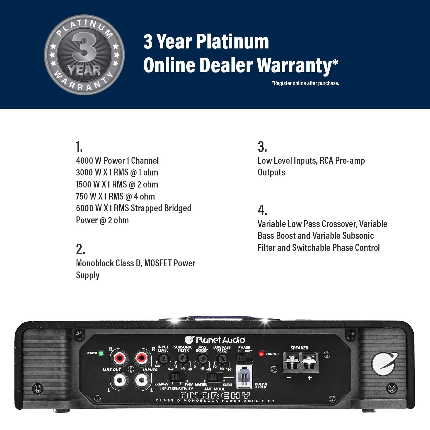 Planet Audio AC4000.1D Class D Monoblock Car Amplifier - 4000W, 1 Ohm Stable, Low Pass Crossover, Ideal for Subwoofers